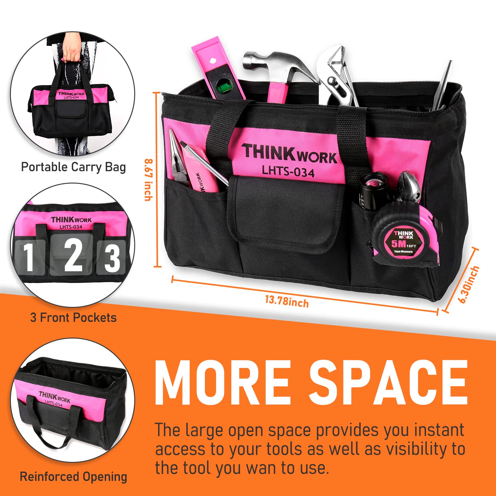 THINKWORK 207-Piece Pink Tool Set for Women - Portable Home Repair Tool Kit with 13'' Wide Mouth Storage Bag | DIY Projects, Household Maintenance | Perfect Christmas Gift for Her | LHTS-034 | Ideal for Home Improvement, Apartment Fixes & Crafting Projects