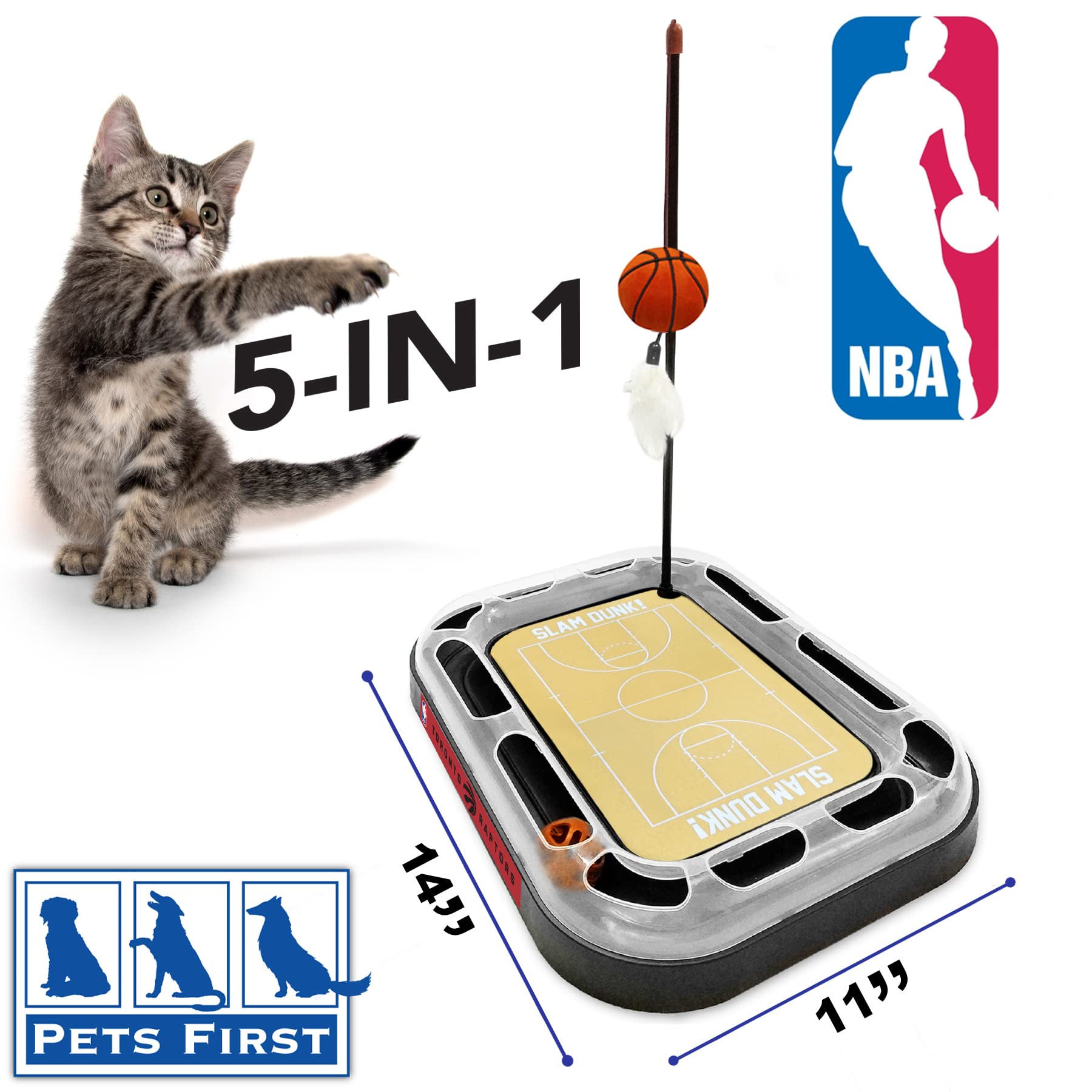 NBA Toronto Raptors Basketball Cat Scratcher Toy - 6-in-1 Interactive Cat Toy with Scratching Field, Ball Bell Tracks, Catnip-Filled Plush Basketball & Feather Wand (14