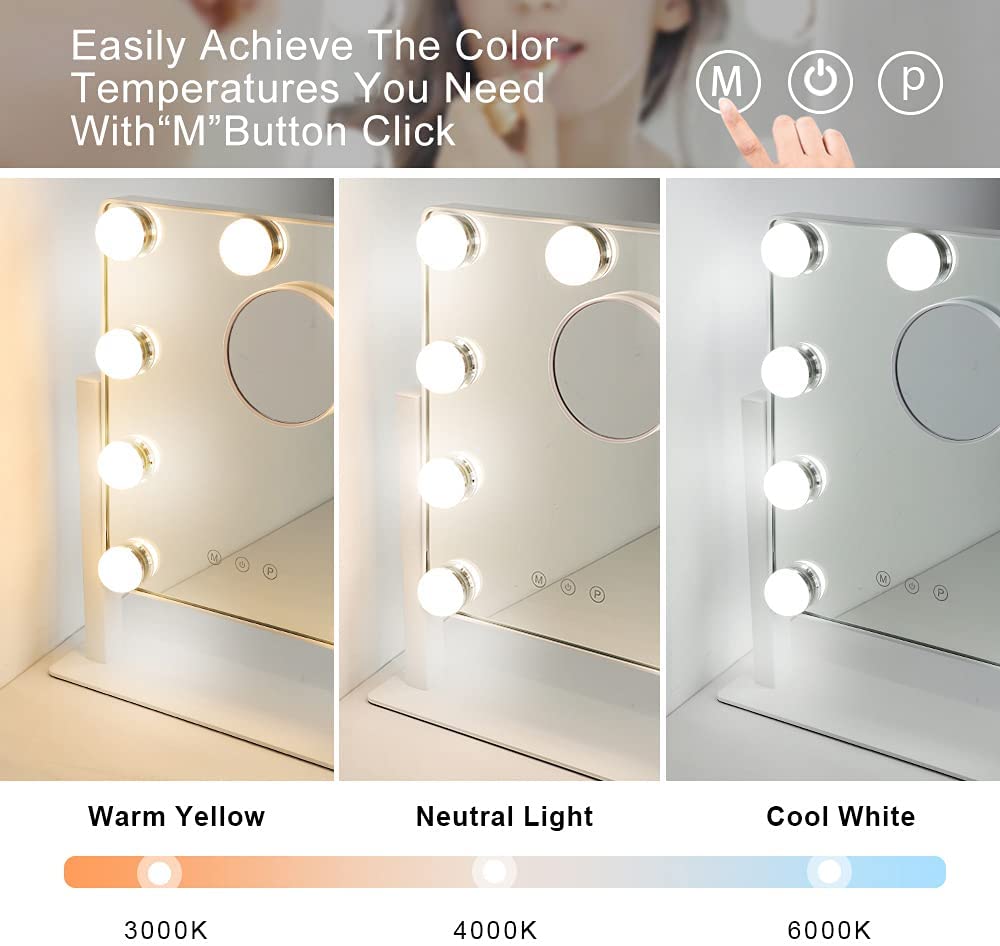 Depuley 14 x 12 Inch Hollywood Vanity Mirror with Lights - 10X Magnification, 9 Dimmable LED Bulbs, Touch Screen & 360° Rotation - White Makeup Mirror (35 x 30 cm) for Bedroom, Dressing Room & Beauty Salon