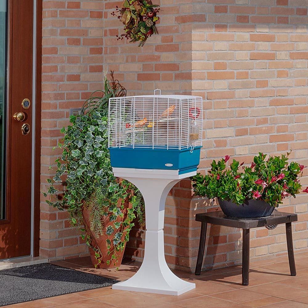 Ferplast Rekord 3 Canary Bird Cage - White Metal with Blue Plastic Base (49x30x48.5cm) | Includes Accessories & Rotating Feeders | Durable Home & Aviary Use for Small Birds