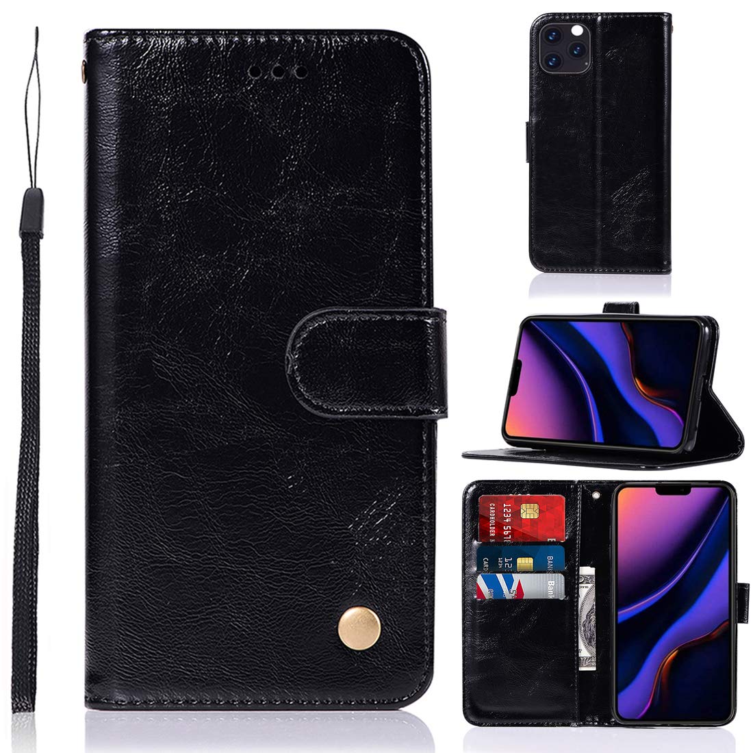 Premium PU Leather Magnetic Wallet Case for iPhone 11 Pro Max - Kickstand Feature, ID & Credit Card Slots with Wrist Strap | Perfect for Work, Travel & Everyday Protection