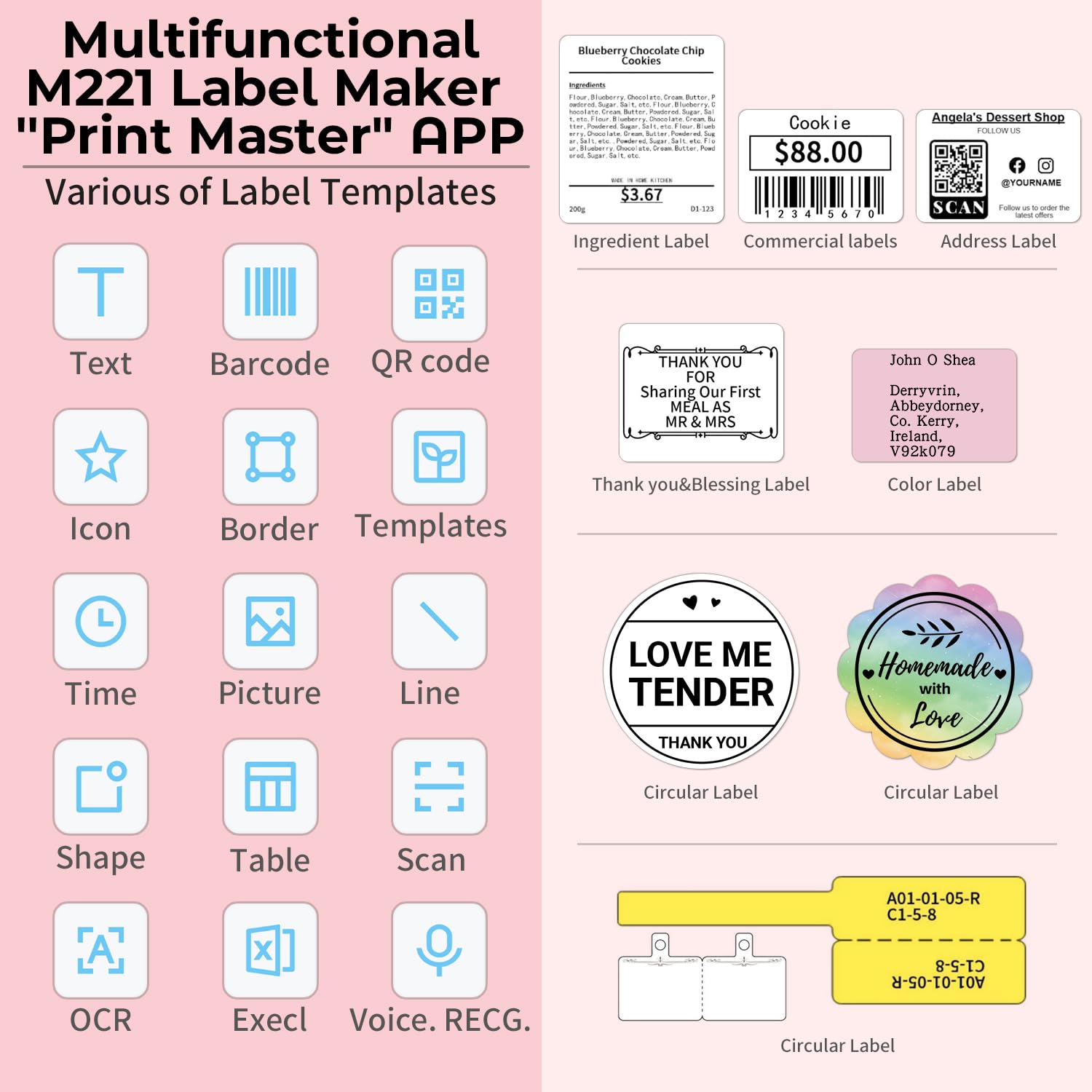 M221 Label Maker - 3 Inch Pink Bluetooth Thermal Label Printer for Small Business, Crafts, Clothing & Food Packaging | Portable, Easy to Install | Works with Phone & PC | Includes 3 Roll Paper Set | Perfect for Retail, Shipping & Organization