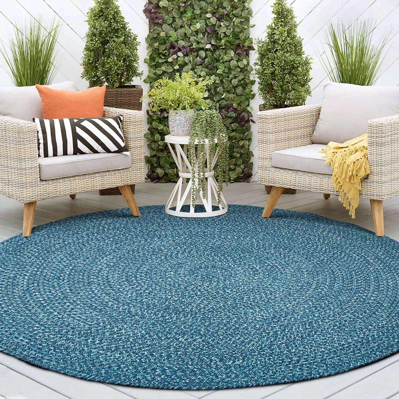 DECOMALL Azure Braided Indoor Outdoor Area Rugs - 8' x 8' Round Blue Rug for Patio, Deck, Living Room & Bedroom | Waterproof & Durable Floor Mat for Home Decor