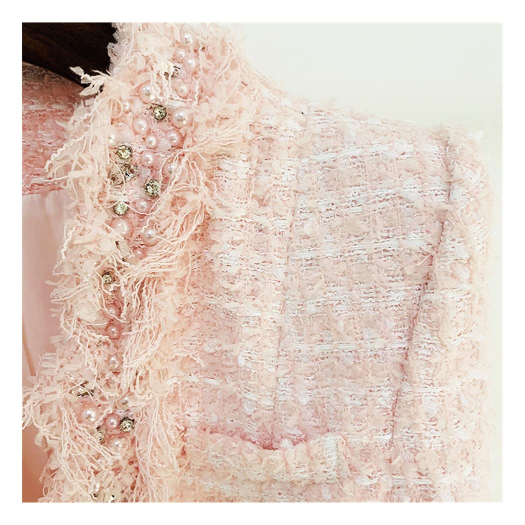 Luxury Pink Tweed Jacket for Women - Winter Beaded Cardigan with Tassels | Warm Thick Blazer Coat for Office, Parties & Date Nights