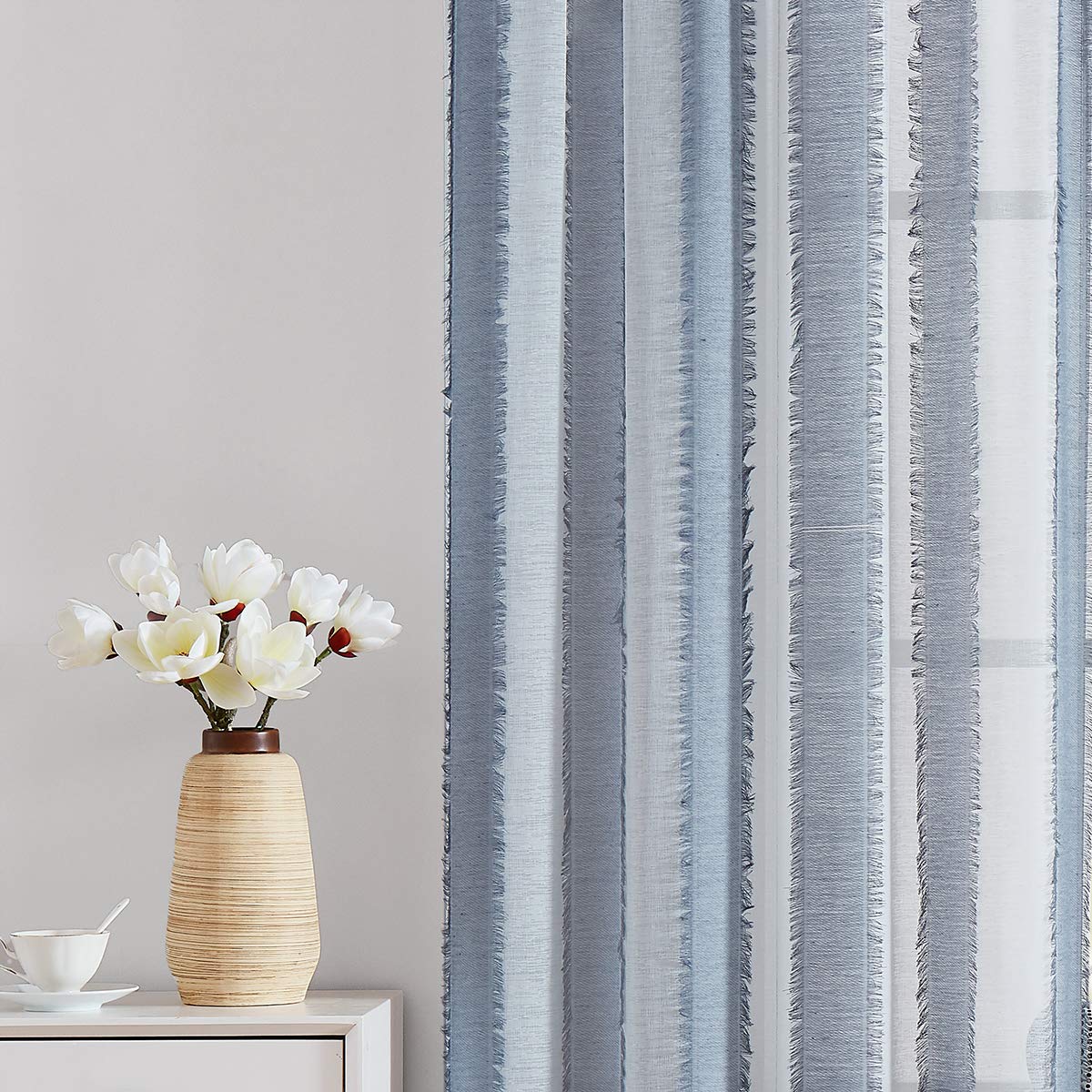 Steel Blue & White Striped Farmhouse Kitchen Curtains - 36 Inch Length Sheer Cafe Curtains with Boho Tassels (38