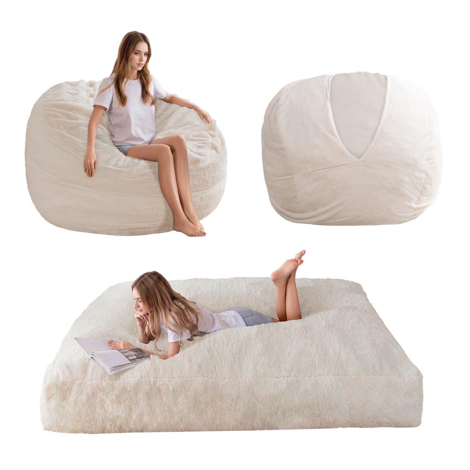 MAXYOYO Giant Bean Bag Bed - Faux Fur Convertible Beanbag Chair in Beige | Ultra Soft Lounge Chair for Living Room, Bedroom & Game Room | Perfect for Relaxing, Reading & Movie Nights