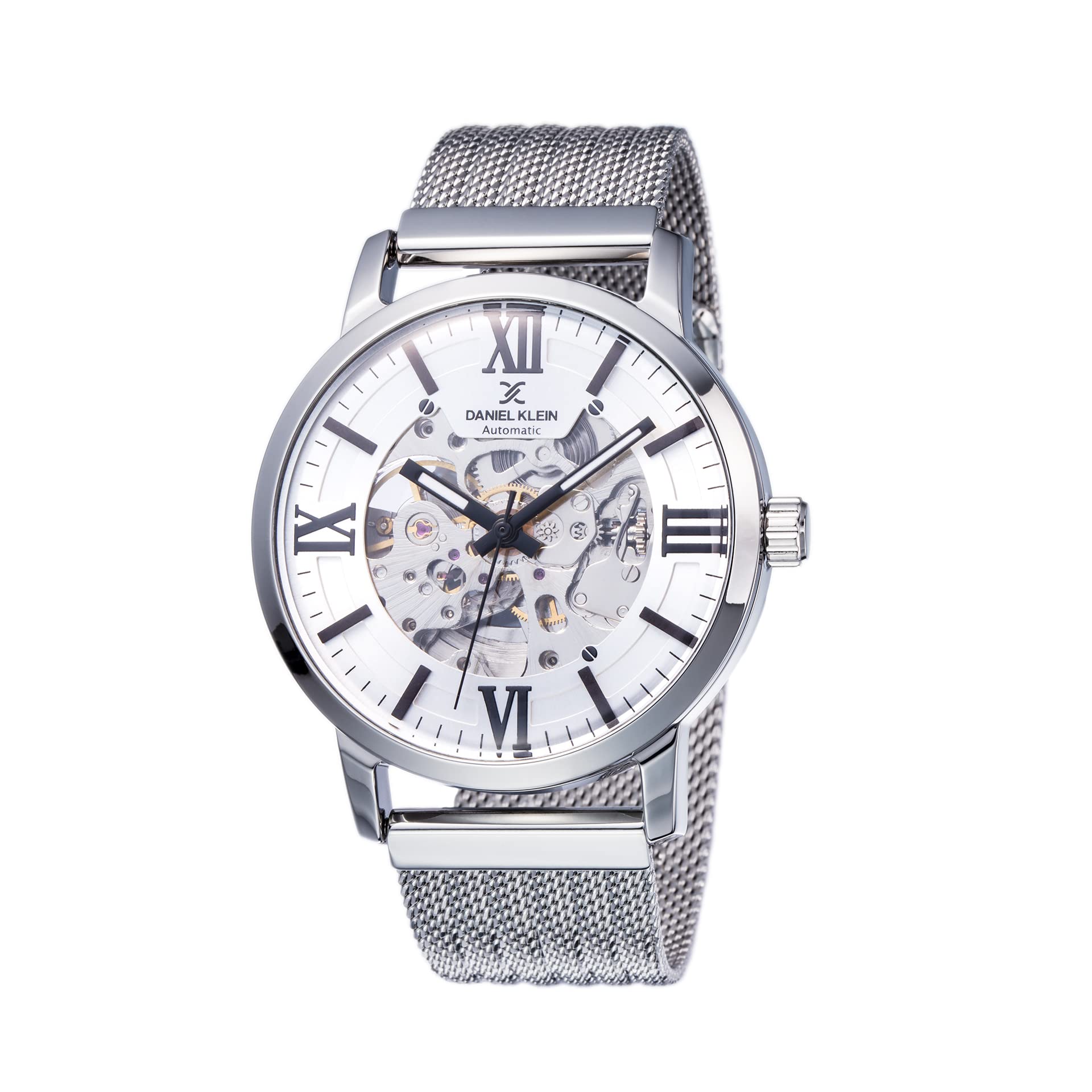 Daniel Klein Men's Wrist Watch (DK11859) - Stainless Steel Analog Fashion Watch for Men - 43mm Silver Skeleton Watch with Mesh Band - Japanese Automatic Movement - Perfect for Business, Casual & Formal Occasions
