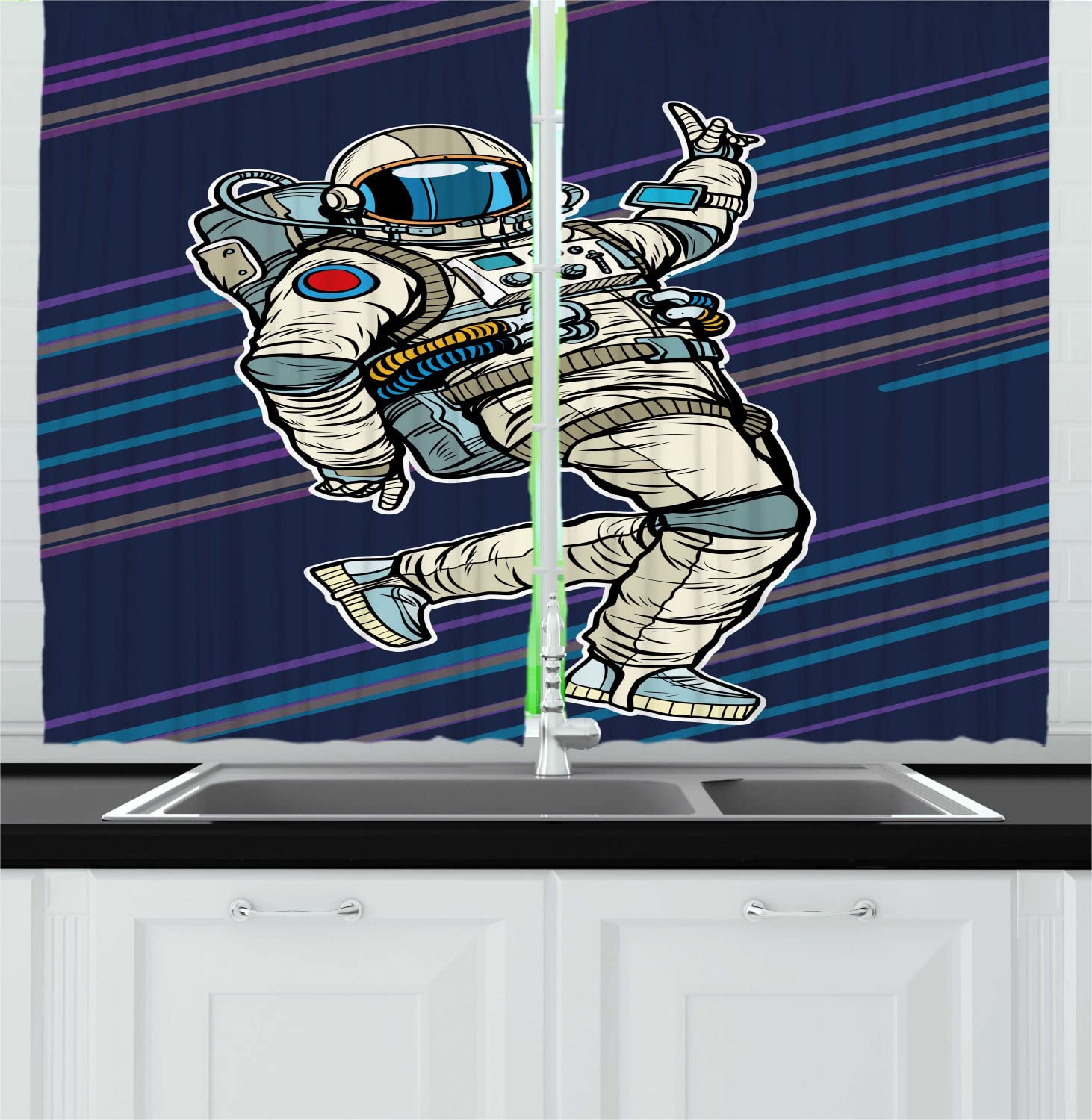 Ambesonne Astronaut Kitchen Curtains - Fun Retro Dancing Comic Design, 2 Panel Rod Pocket Drapes, 55 x 45 Inches, Dark Violet Blue & Multicolor - Perfect for Space-Themed Bedrooms, Kids' Rooms & Playrooms