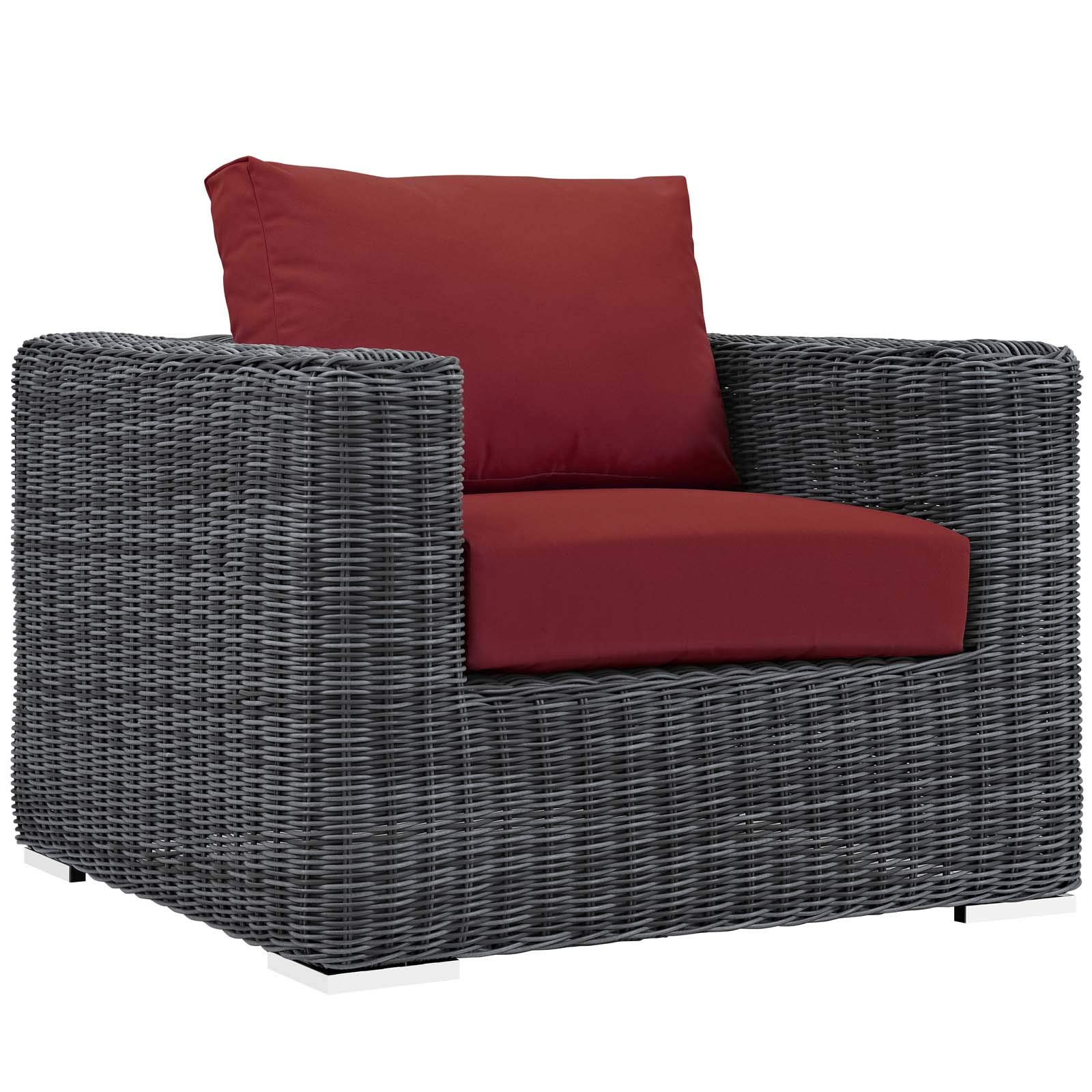 Modern Contemporary Outdoor Patio Lounge Sectional Sofa Set - Waterproof Rattan Wicker Furniture - Grey & Red Cushions - Perfect for Backyard, Poolside & Garden Relaxation