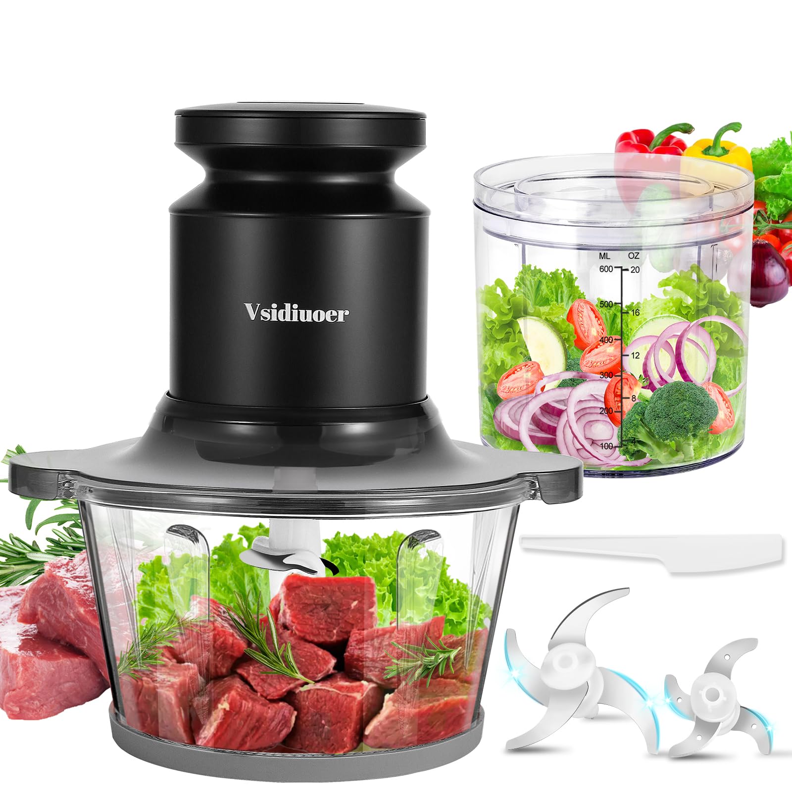 400W Electric Food Processor with 2 Glass Bowls (8 Cup + 2.5 Cup) - Powerful Meat Grinder & Food Chopper with Stainless Steel Blades - Perfect for Baby Food, Vegetables, Fruits, Nuts - Ideal for Meal Prep, Cooking & Healthy Eating