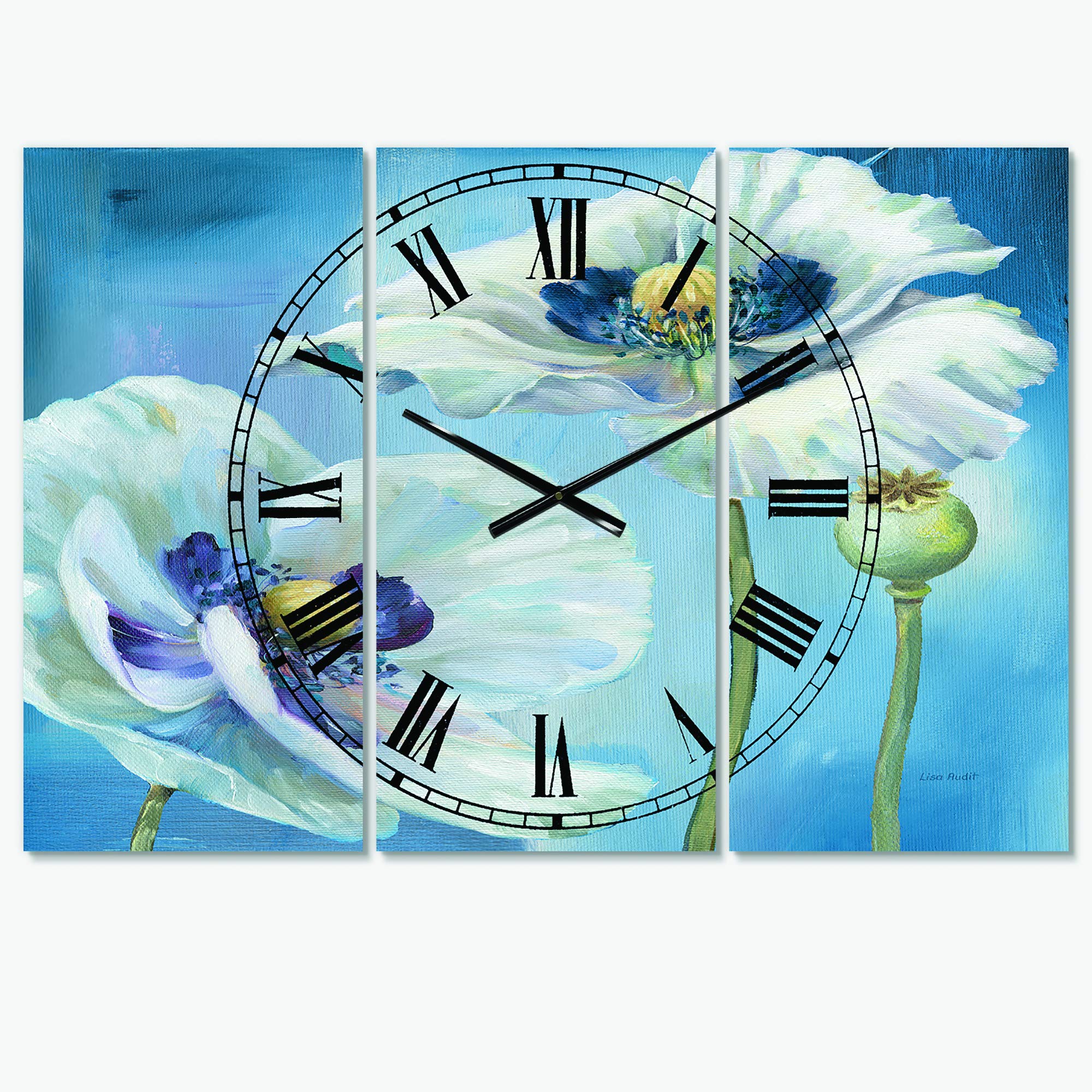 Farmhouse Wall Clock - Handpainted White Flower on Blue Background, Large Rustic Wall Clock for Bedroom, Living Room, Kitchen Decor | Perfect for Home, Office & Farmhouse Style Interior Design
