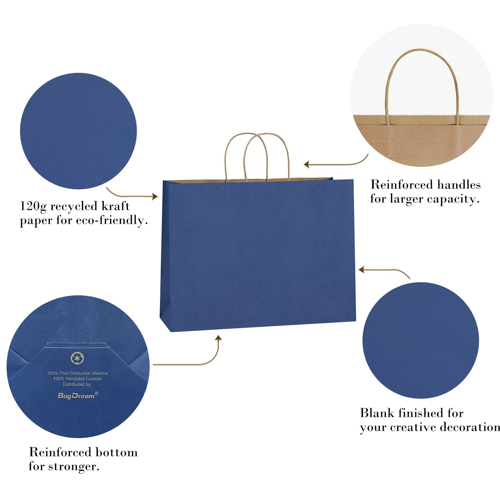 BagDream 25Pcs 16x6x12 Inches Kraft Paper Bags with Handles - Bulk Eco-Friendly Gift Bags, Shopping Bags for Grocery, Retail & Party Supplies (Navy Blue) | Perfect for Weddings, Birthday Parties & Store Packaging
