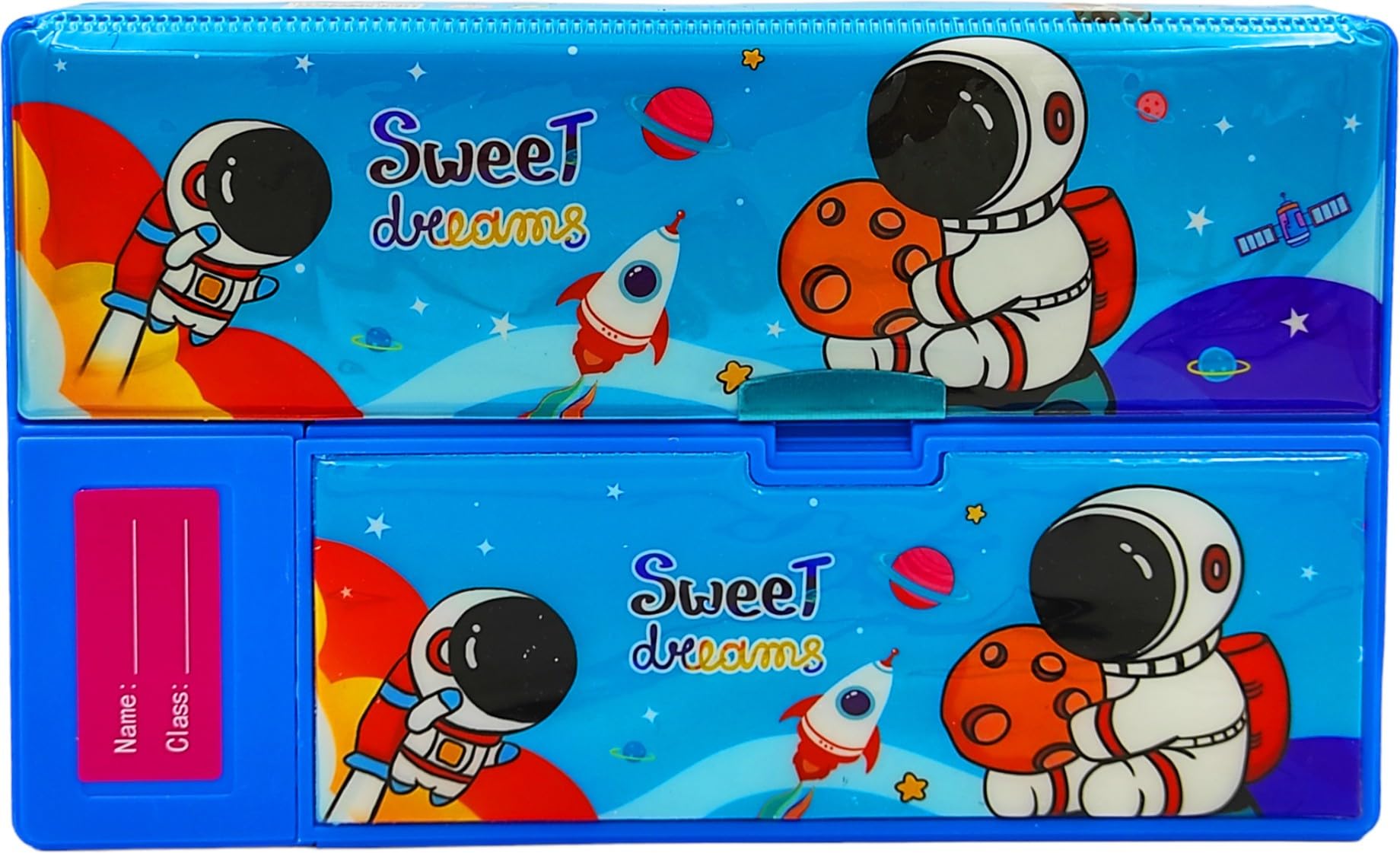 Poksi® Space Theme Jumbo Pencil Case - Double Sided Design with 6 Hidden Push Button Pockets - Large Plastic School Supply Organizer for Kids (Blue) - Perfect for Classroom, Homework & Art Storage