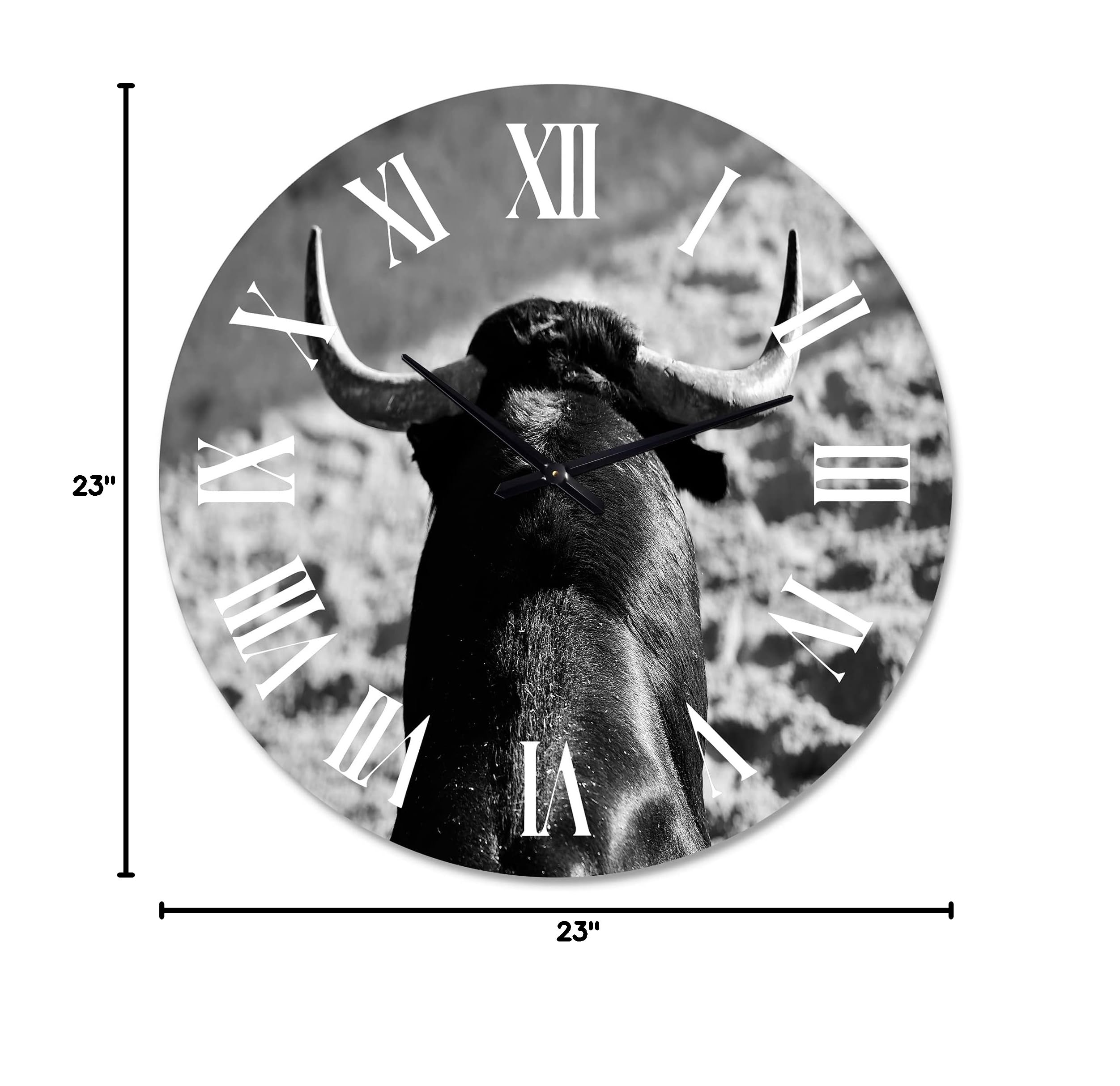 Farmhouse Wall Clock - Large Monochrome Spanish Bull Portrait II - Rustic Office Decor & Home Wall Art - Perfect for Living Room, Bedroom, or Study