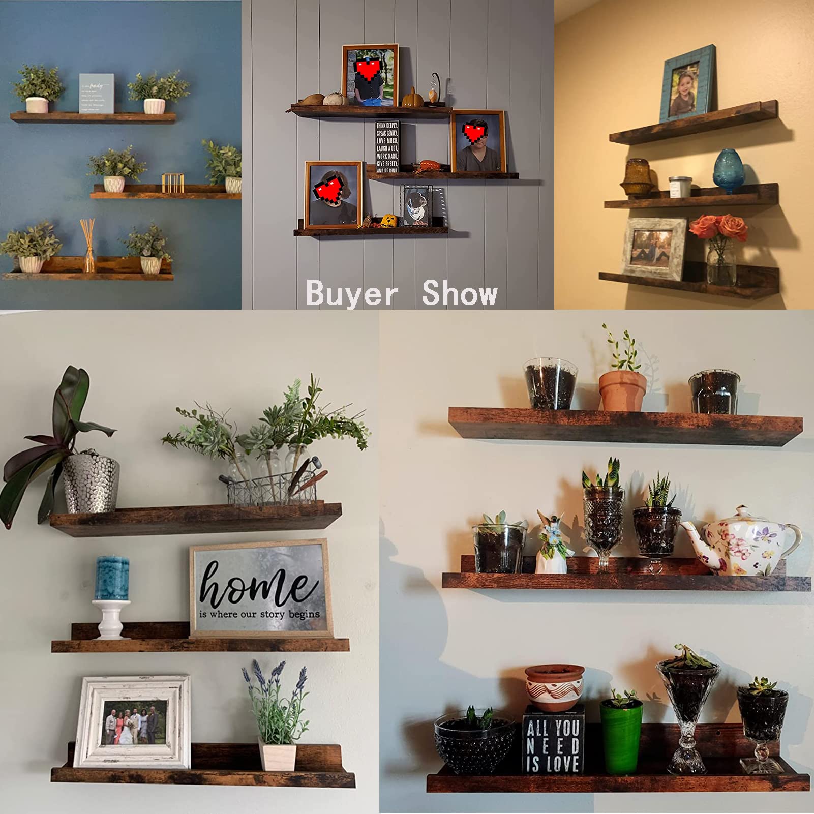 Giftgarden 24 Inch Floating Shelves Set of 3 - Rustic Wood Wall Mounted Shelves for Bedroom, Living Room, Bathroom & Kitchen Decor - 3 Different Sizes - Perfect for Displaying Photos, Books & Home Decor