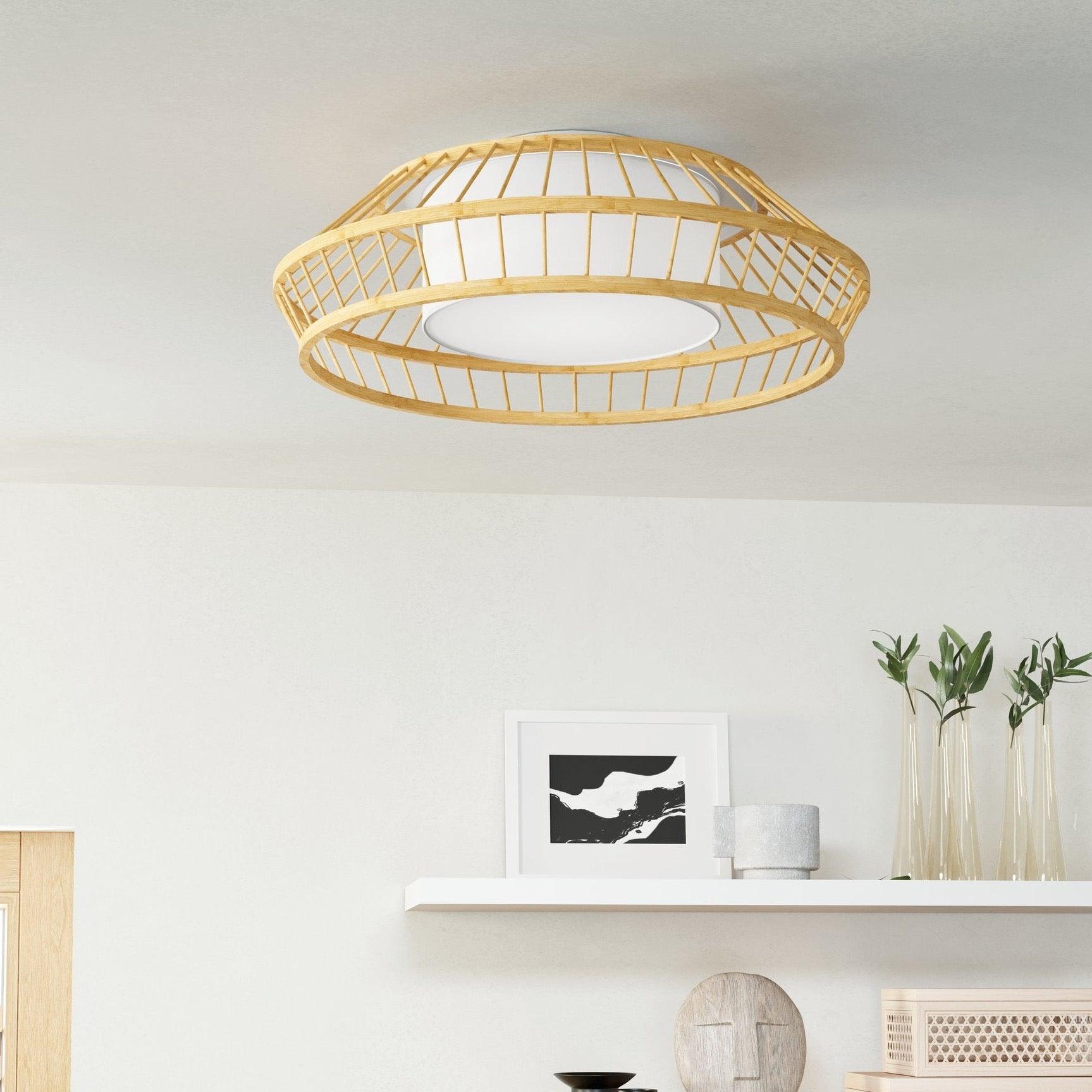 Eglo Connect Yuku Z Smart LED Flush Mount Ceiling Light - 46cm Round Wooden Shade, Dimmable WiFi-Controlled Lighting for Bedroom, Living Room & Dining Room