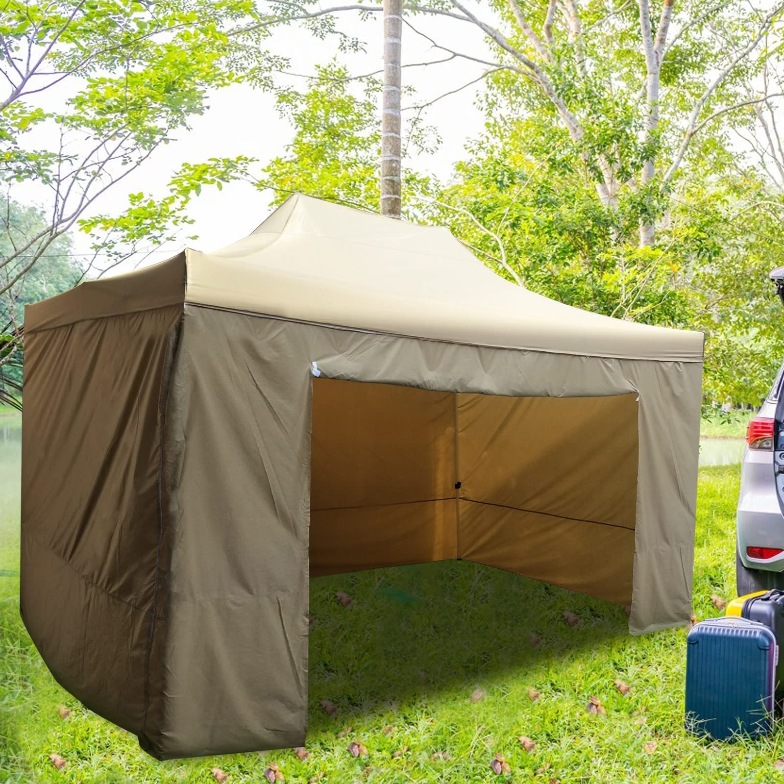 ACBAC 10x15 Ft Commercial Canopy Tent with Removable Sidewalls - Heavy Duty Market Stall Shelter (Khaki, 165x33x25cm) for Outdoor Events, Farmers Markets & Flea Markets