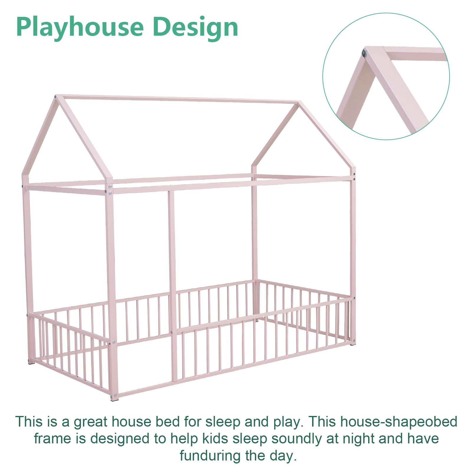 Montessori Twin Size Floor Bed with Metal Frame & Safety Rails - Playhouse Bed for Kids, Teens, Girls & Boys (Pink) | Box Spring Required | Perfect for Bedrooms, Playrooms & Montessori Learning Spaces