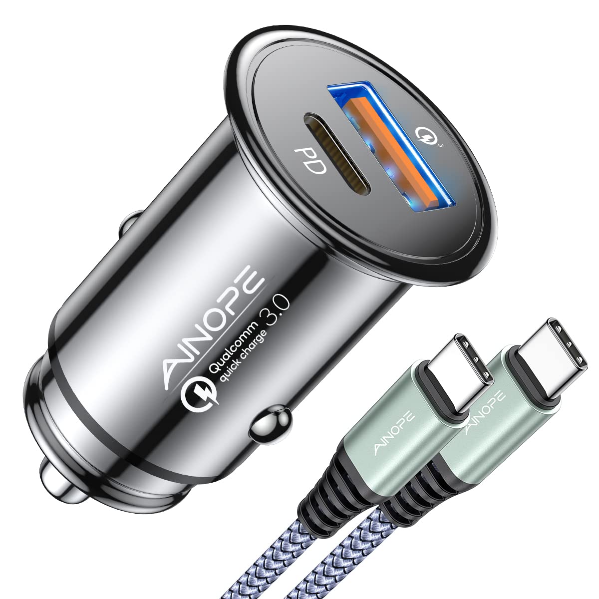 AINOPE 67.5W Fast Car Charger USB C - Dual Port QC3.0 Cigarette Lighter Adapter with All Metal Invisible Design - Compatible with iPhone 16 Pro Max/15/14/13/12 & Samsung Galaxy S25/Android - Perfect for Road Trips & Daily Commute (Black)