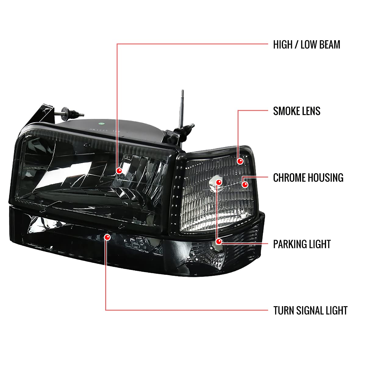 92-96 Ford F150 F250 F350 Bronco Replacement Headlight Assembly Kit - Smoke Lens Headlights, Bumper Lights & Corner Lamps - Upgrade for Off-Roading, Night Driving & Custom Look