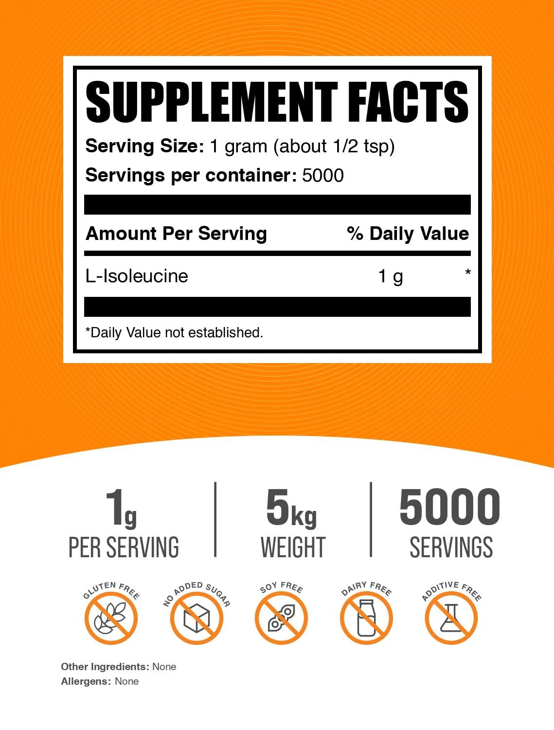 BulkSupplements.com L-Isoleucine Powder - Pure Amino Acid BCAA Supplement for Immune Support & Muscle Recovery - Unflavored, Gluten Free, 1000mg per Serving (5kg/11lbs) - Ideal for Athletes, Fitness Enthusiasts & Post-Workout Recovery