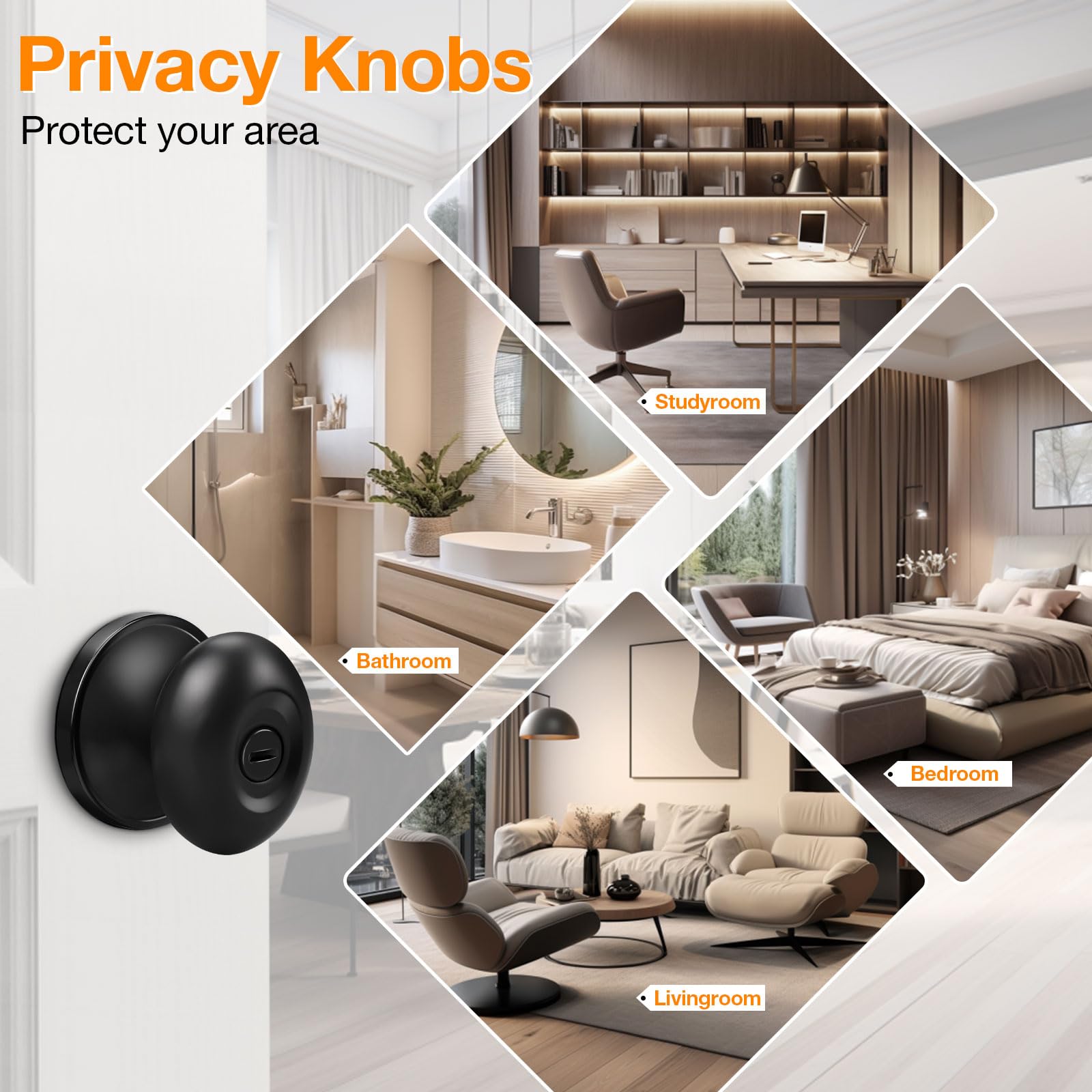 Gobrico 10 Pack Black Egg Style Door Knobs with Privacy Function - Interior Door Handles for Bedroom, Bathroom & Closet (Set of 10)