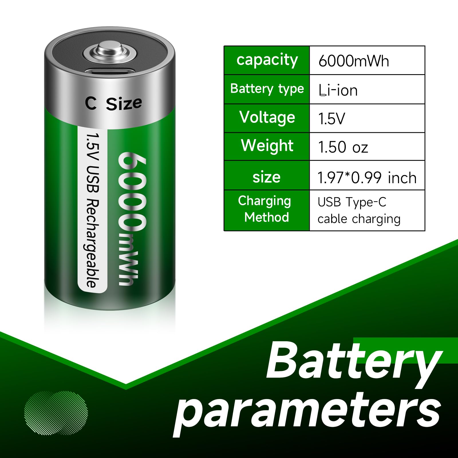 USB Rechargeable C Batteries 4-Pack - 1.5V 6000mWh Lithium Batteries with Type-C Charger, 1500+ Charge Cycles, LED Indicator - Perfect for Flashlights, Toys, Radios & Emergency Kits
