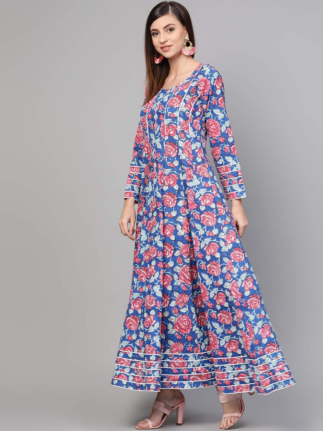 Royal Blue Hand Block Floral Print Cotton Anarkali Dress for Women | Elegant Indian Party Wear & Festive Occasion Outfit