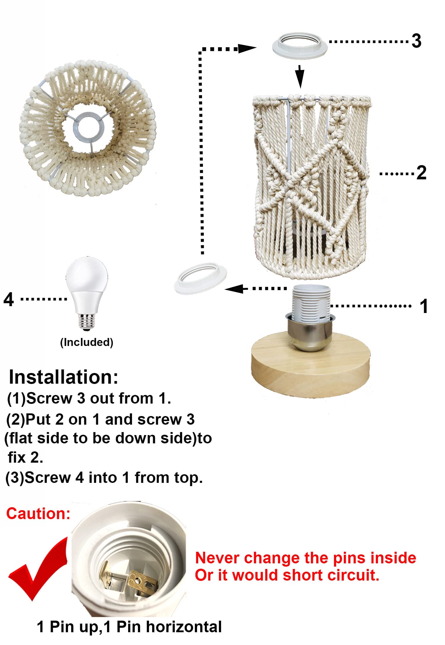 Boho Table Lamp with Hollow-Out Macrame Shade & Solid Wood Base - Handmade Decorative Night Light for Bedroom, Living Room, End Table - Includes Bulb (Creamy White) | Perfect for Cozy Reading Nooks, Romantic Bedside Lighting & Boho Home Decor