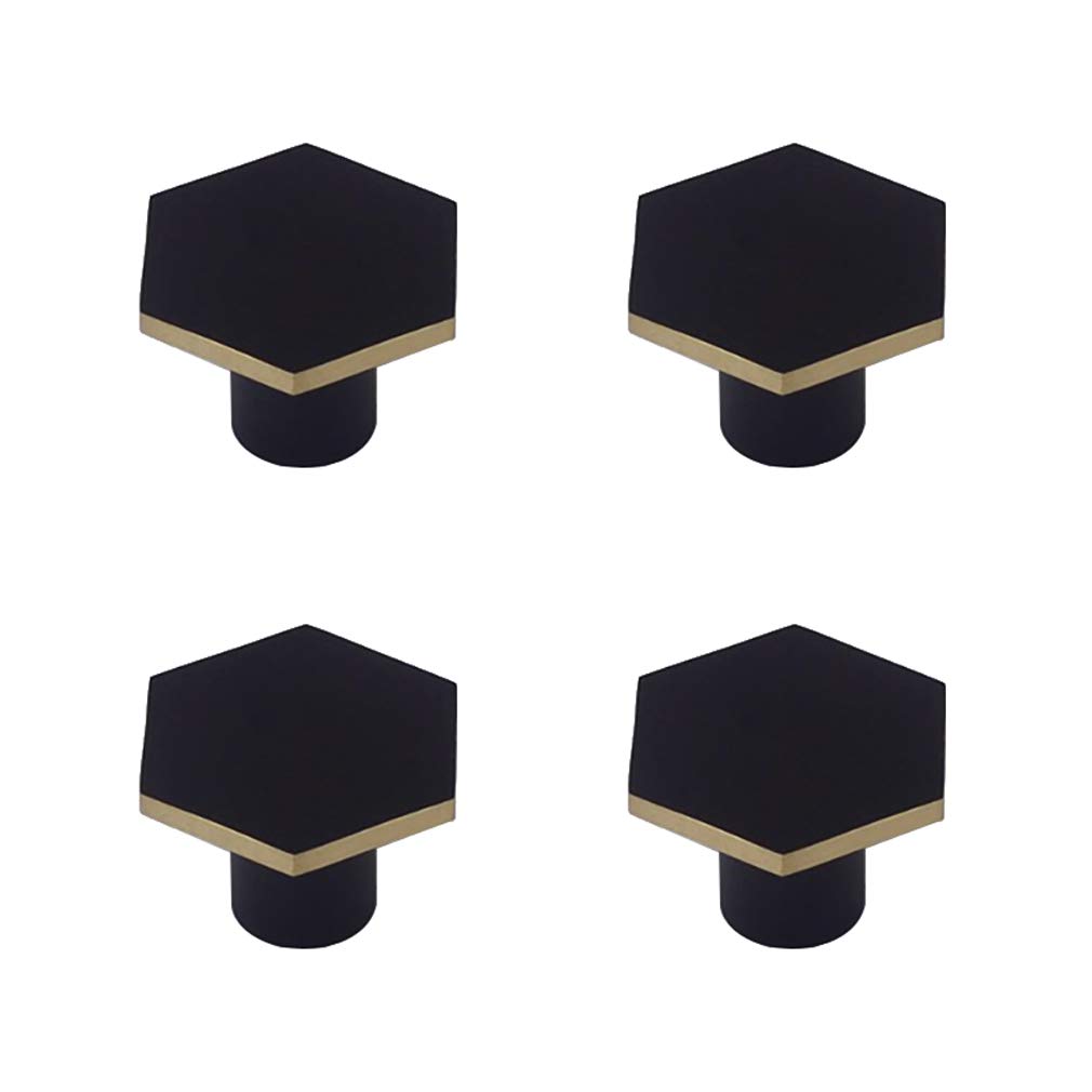 4Pcs Brass Single Hole Cabinet Knobs - Hexagon Black Pulls for Wardrobe, Drawer & Furniture Door - Perfect for Home, Office & DIY Projects