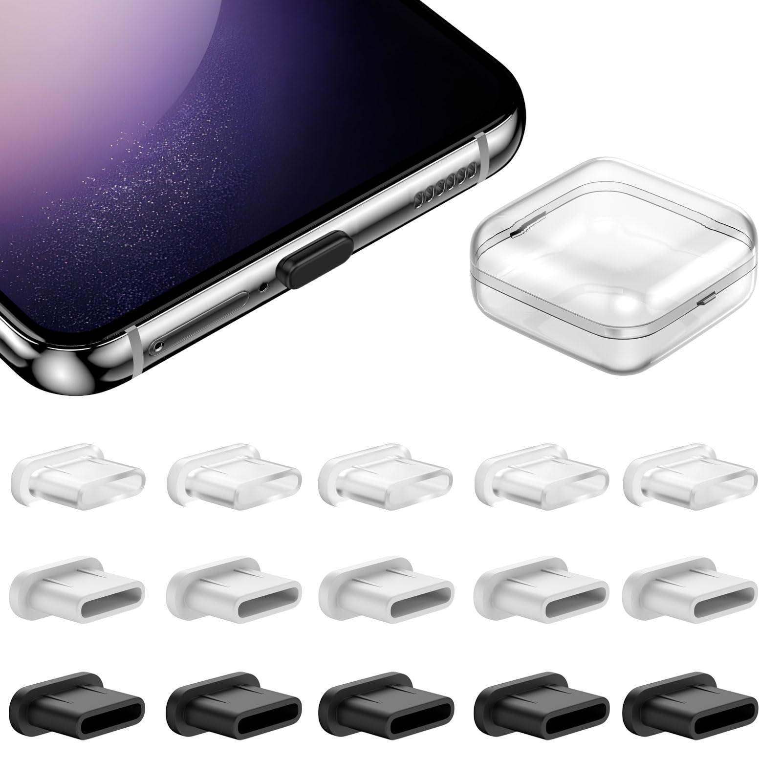 15 Pack USB Type C Dust Plugs for iPhone 16/15 Pro Max & iPad Pro, Silicone Charging Port Protectors for Samsung Galaxy S25/S24 Ultra/S23 Plus - Anti-Dust Covers with Storage Box | Perfect for Travel, Gym & Daily Device Protection