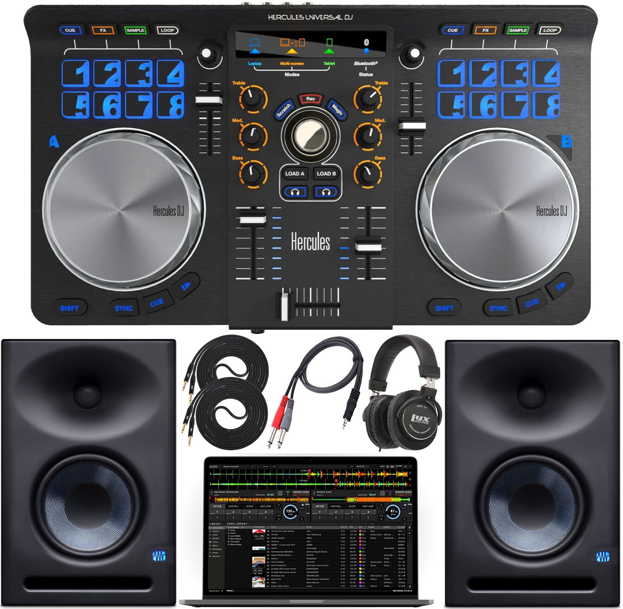 Hercules DJ Universal Bluetooth DJ Controller - Compact Wireless DJ Mixer for Tablets & Smartphones | Professional DJ Setup with E7 XT Waveguide Monitors (104dB), Cable Kit & Headphones | Perfect for Club Gigs, Home Studios & Mobile DJ Performances