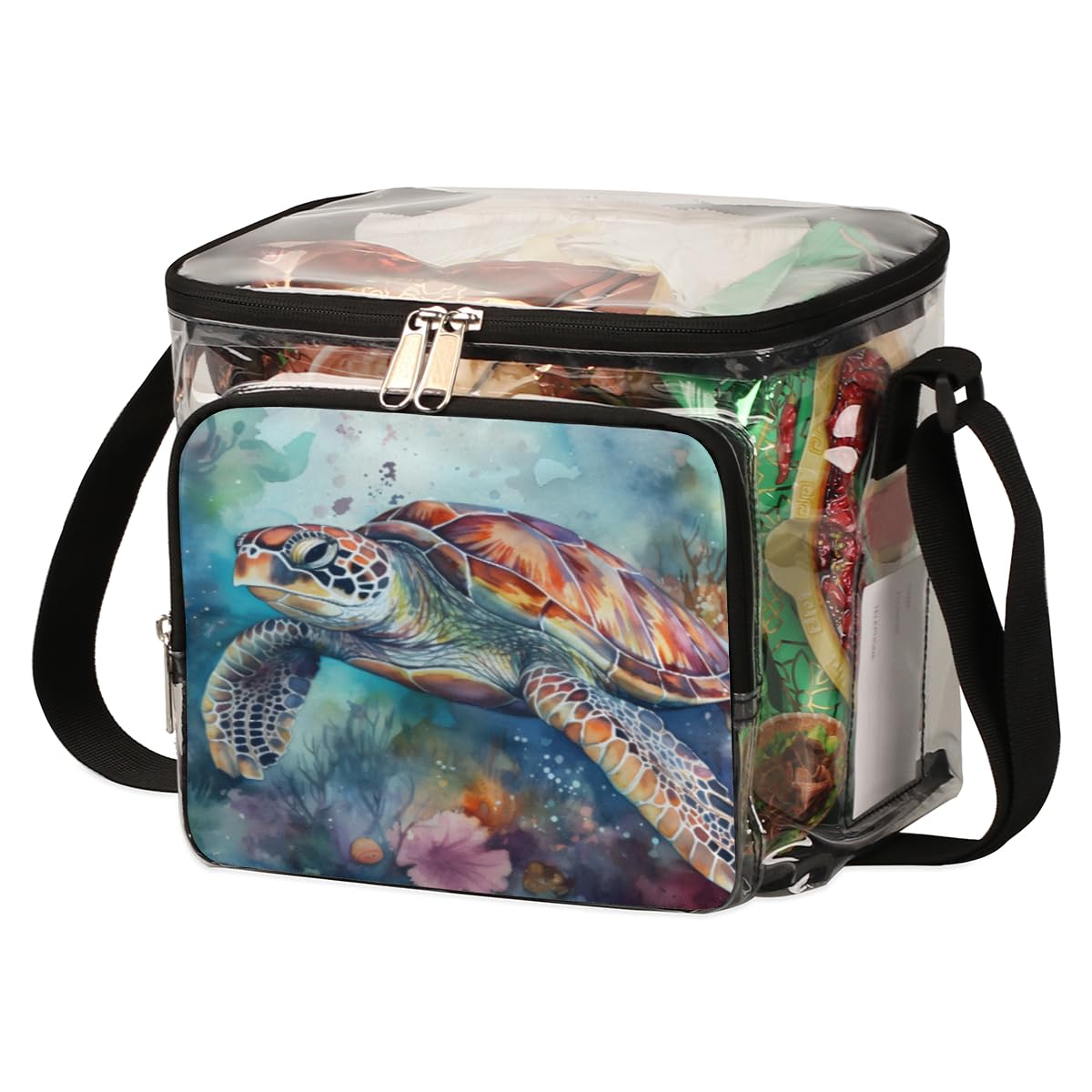 GzLeyigou Clear Turtle Print Tote Bag - Transparent Crossbody Shoulder Bag with Handles for Beach, Travel, Picnic, Concerts & Sports Events | Stadium Approved Waterproof Lunch Bag for Outdoor Activities