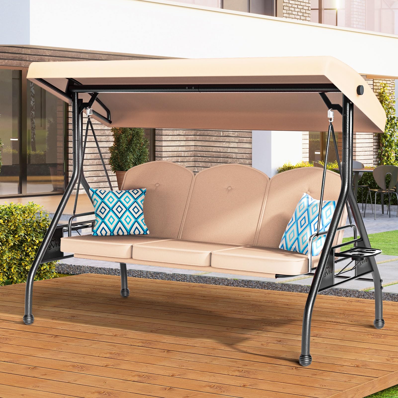 3-Seat Outdoor Porch Swing 800lbs Capacity - 2-in-1 Patio Glider Chair with Adjustable Canopy & Removable Cushions - Heavy Duty Steel Frame Swing Set with Stand for Garden, Deck, Backyard (Khaki, Round Tube) - Perfect for Relaxing, Lounging & Enjoying Outdoor Spaces