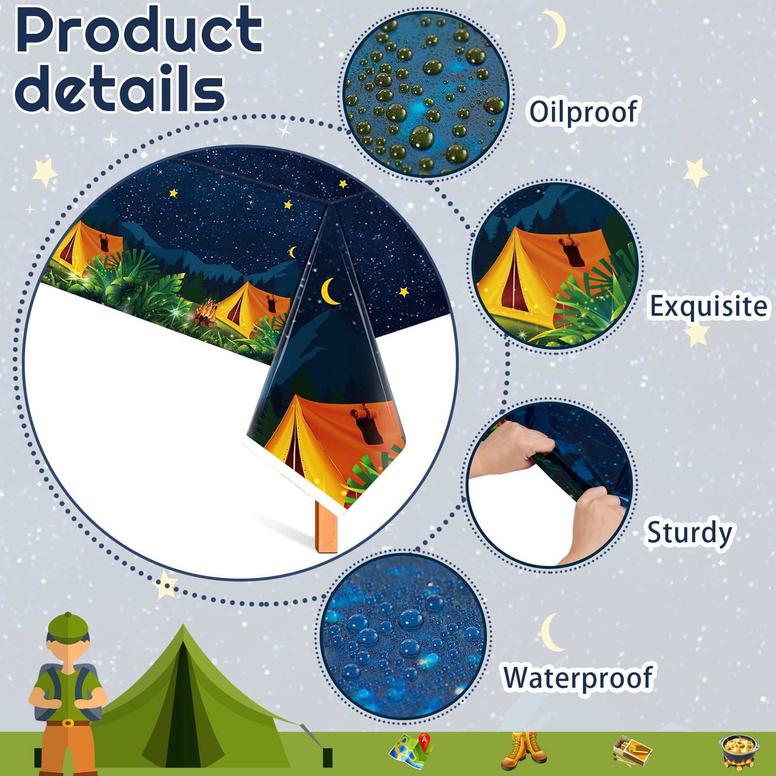 3-Piece Waterproof Plastic Camping Tablecloth Set - Rectangular Fireproof Table Cover for Camping, Picnic, Birthday Party & Outdoor Adventures - Perfect for BBQ, Hiking & Family Gatherings