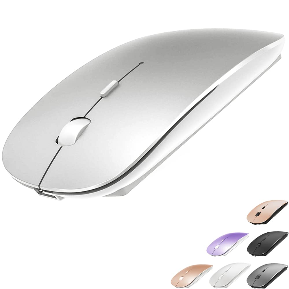 Rechargeable Bluetooth Mouse for MacBook, MacBook Air, MacBook Pro, iPad, Laptop, Notebook, PC, Chromebook - Wireless Mouse with Long Battery Life (Silver) - Perfect for Work, Travel, and Home Office Use