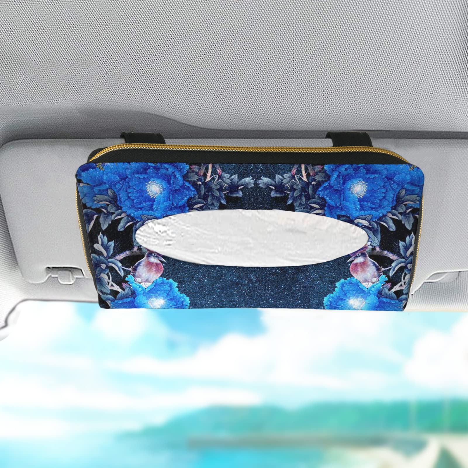 Elegant Blue Floral Print PU Leather Car Tissue Box Holder - Women's Sun Visor Napkin Dispenser for Van, Truck & Vehicle Backseat | Perfect for Road Trips & Daily Commute