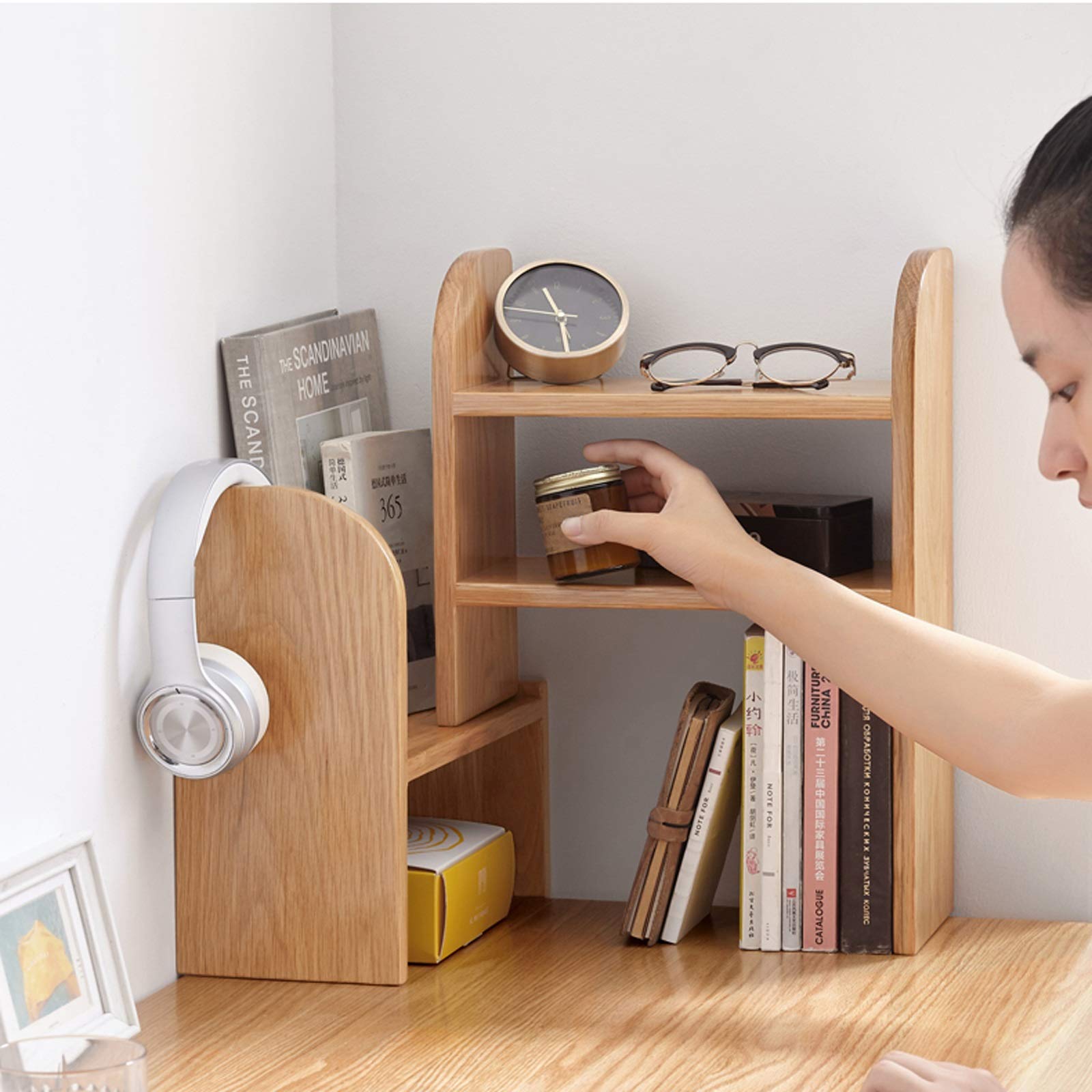 Natural Oak Expandable Bookshelf - Adjustable Desktop Book Organizer for Office & Home, Table Top Bookcase with Storage Rack - Perfect for Small Spaces, Dorm Rooms & Workspaces