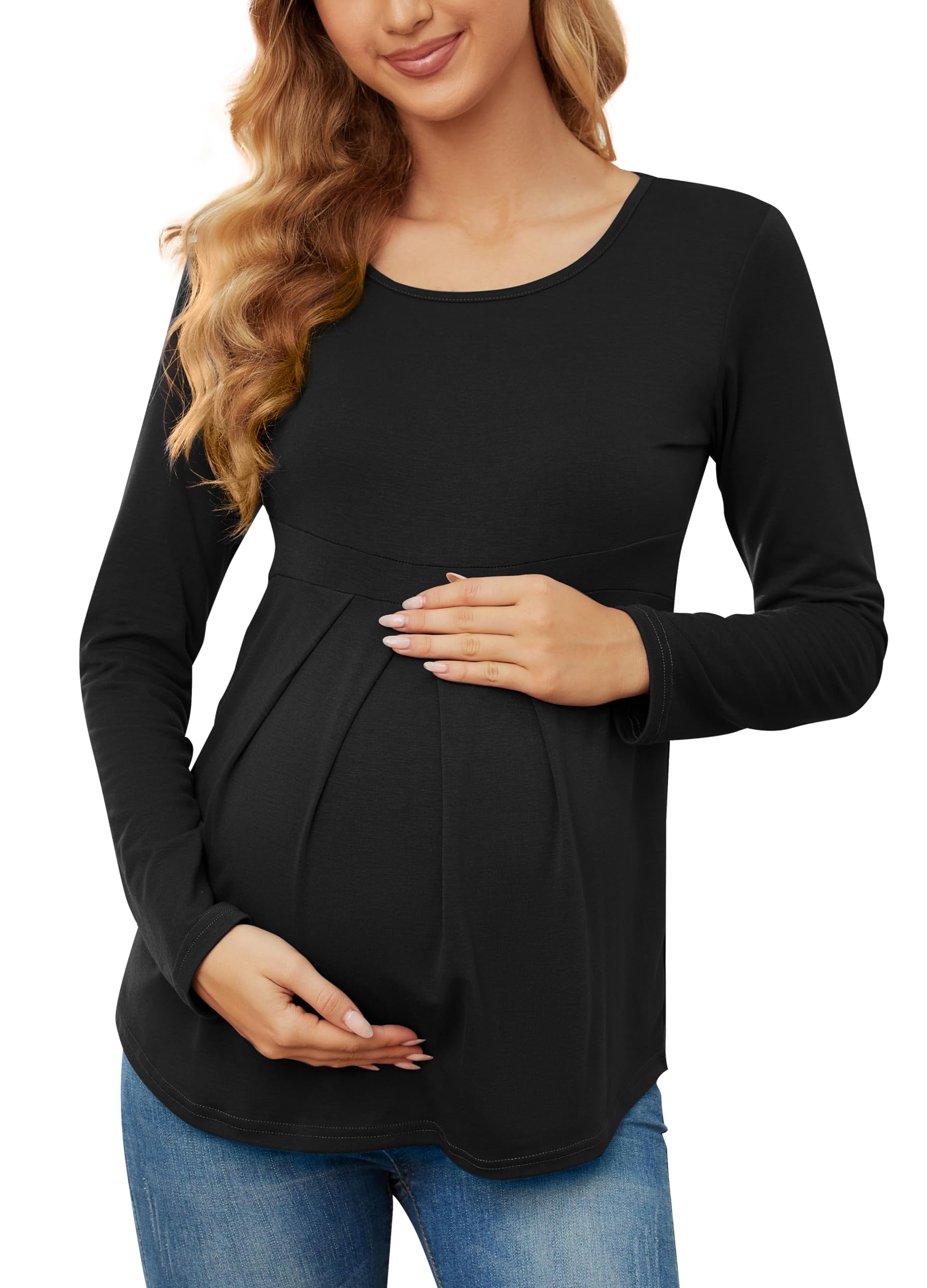 Maternity Tops for Women - Short & Long Sleeve Peplum Tunic Tops with Front Pleats - Pregnancy Casual T-Shirts - Perfect for Work, Daily Wear & Maternity Photos