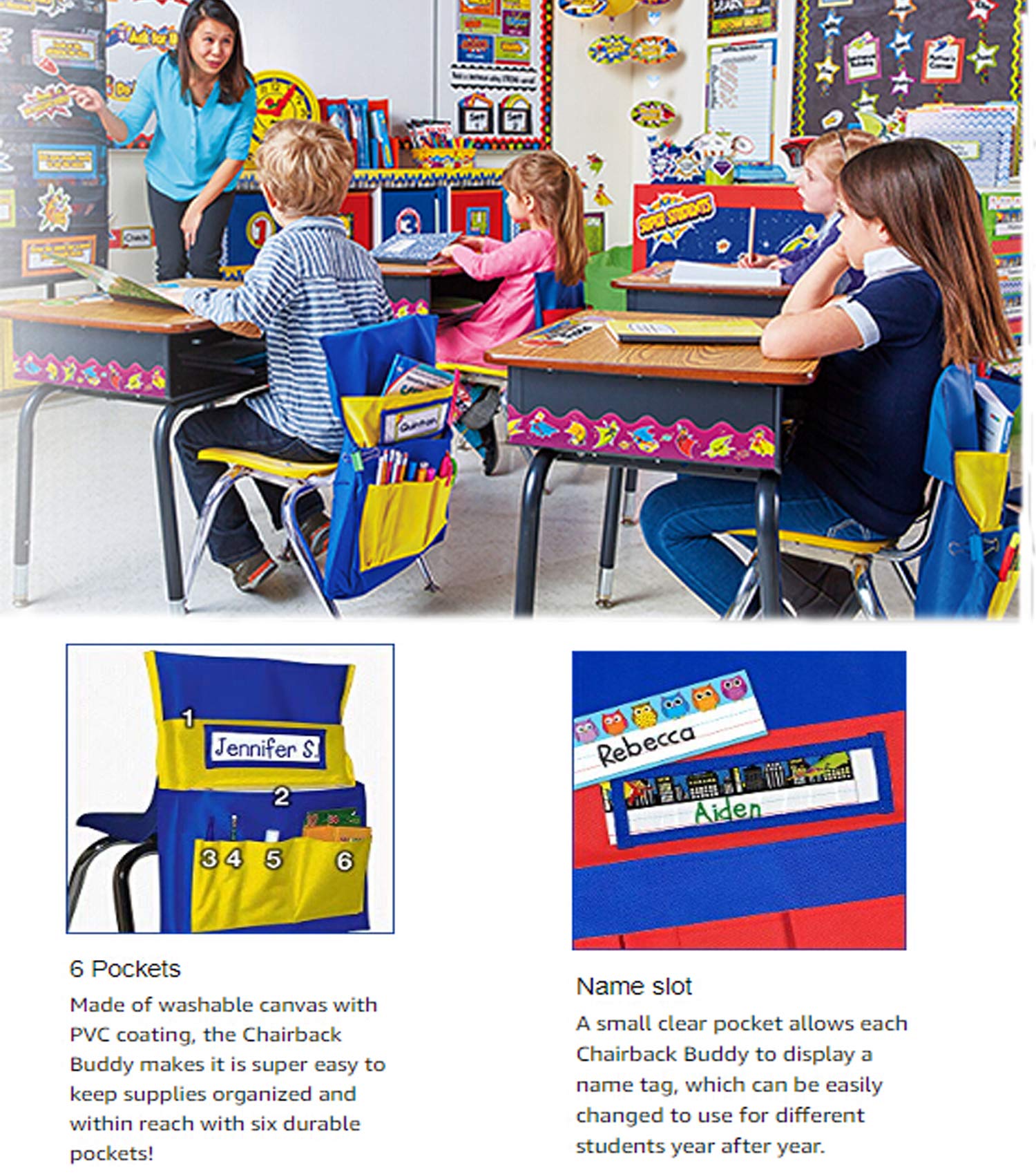 Chairback Buddy Pocket Chart - 6-Pocket Classroom Seat Organizer for Kids, School Supplies Storage | Durable Polyester Seatback Caddy for Home, Daycare & Classroom Use (Yellow + Blue) | Perfect for Books, Pencils & Art Supplies