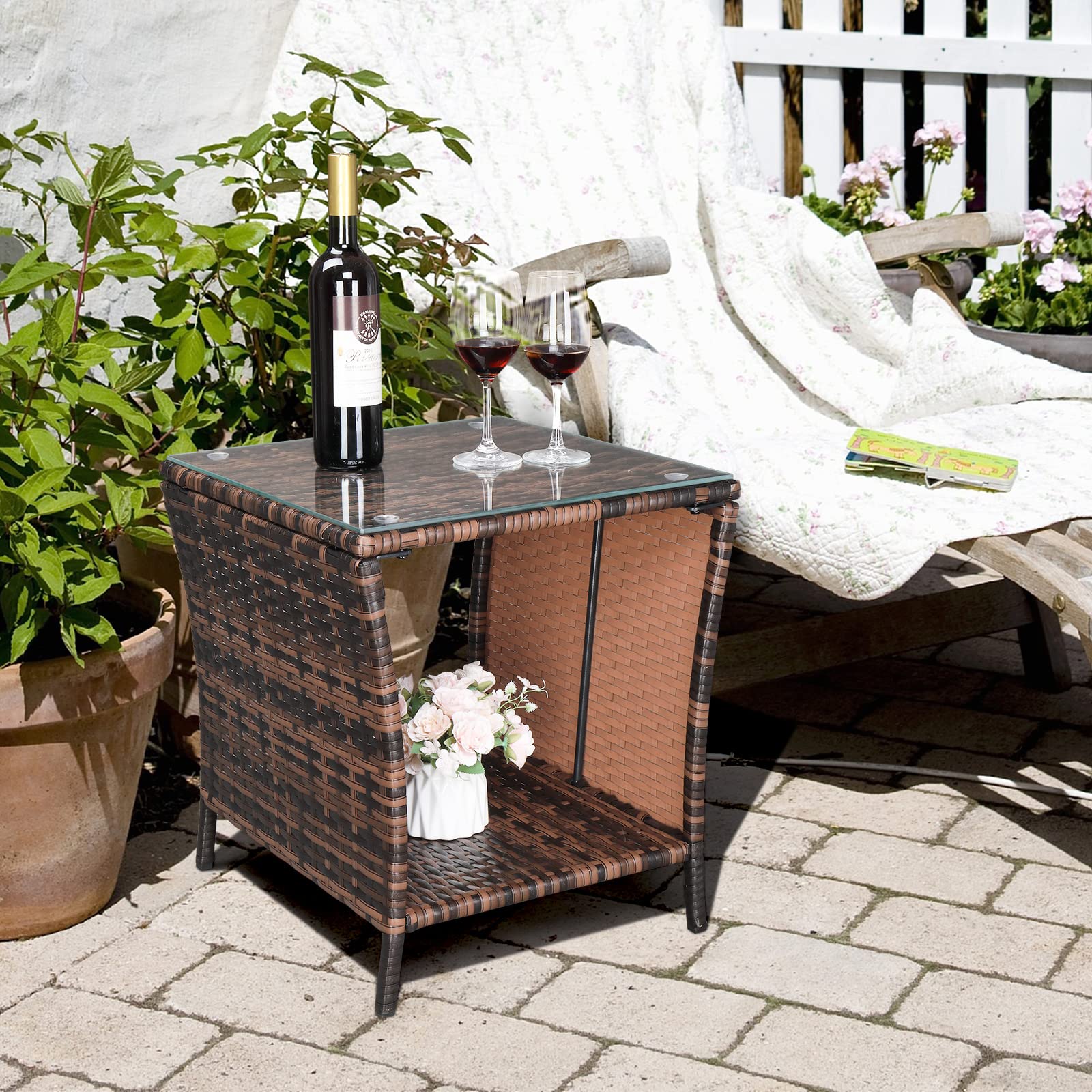 HomVent Wicker Side Table with Storage - Brown Outdoor Coffee Table for Patio & Garden