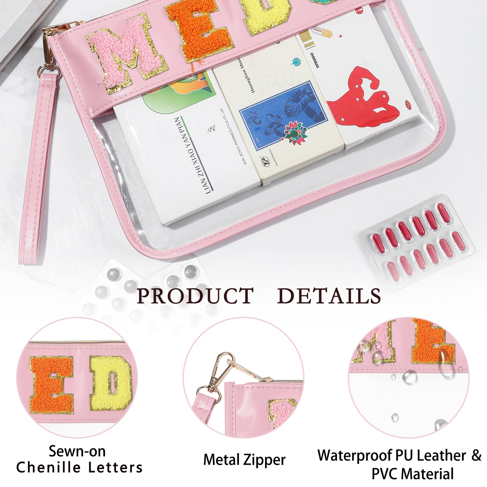 Personalized Clear Medicine Chenille Letter Makeup Bag - Waterproof PU Leather Zipper Pouch for First Aid, Travel & Cosmetics Organization - Transparent Medication Storage (Pink) - Perfect for Travel, Gym, Daily Essentials & Emergency Kits