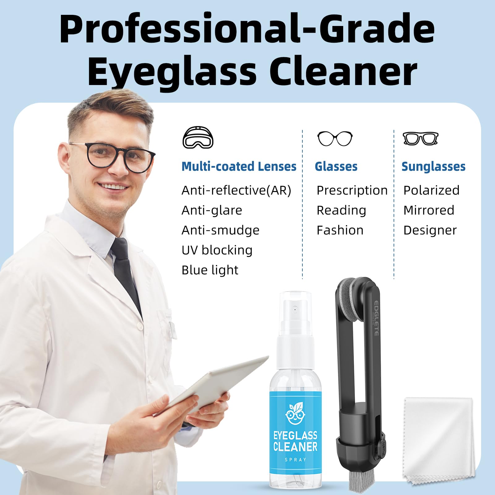 Premium Eyeglass Cleaning Kit with Microfiber Cloth & Lens Spray - Travel-Friendly Glasses Cleaner for Crystal Clear Vision - No Streaks or Scratches - Perfect for Glasses, Sunglasses, and Camera Lenses at Home, Office, or On-The-Go