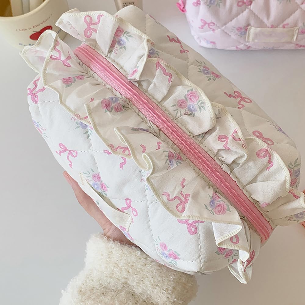 Quilted Makeup Bag for Women & Girls - Cute Pink Bow Tie Toiletry Organizer Pouch, Travel Cosmetic Case, Period Essentials Bag | Perfect for Travel, Gym, Daily Use & Gift Giving