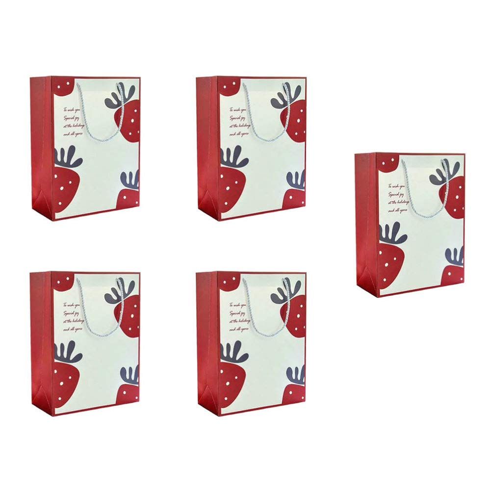 Strawberry Pattern Kraft Gift Bags - 5pcs Wedding, Bridal Shower, Mother's Day & Birthday Party Favor Bags | Eco-Friendly Paper Goodie Bags for Party Favors, Candy, Gifts & Treats | Perfect for Weddings, Baby Showers & Special Occasions