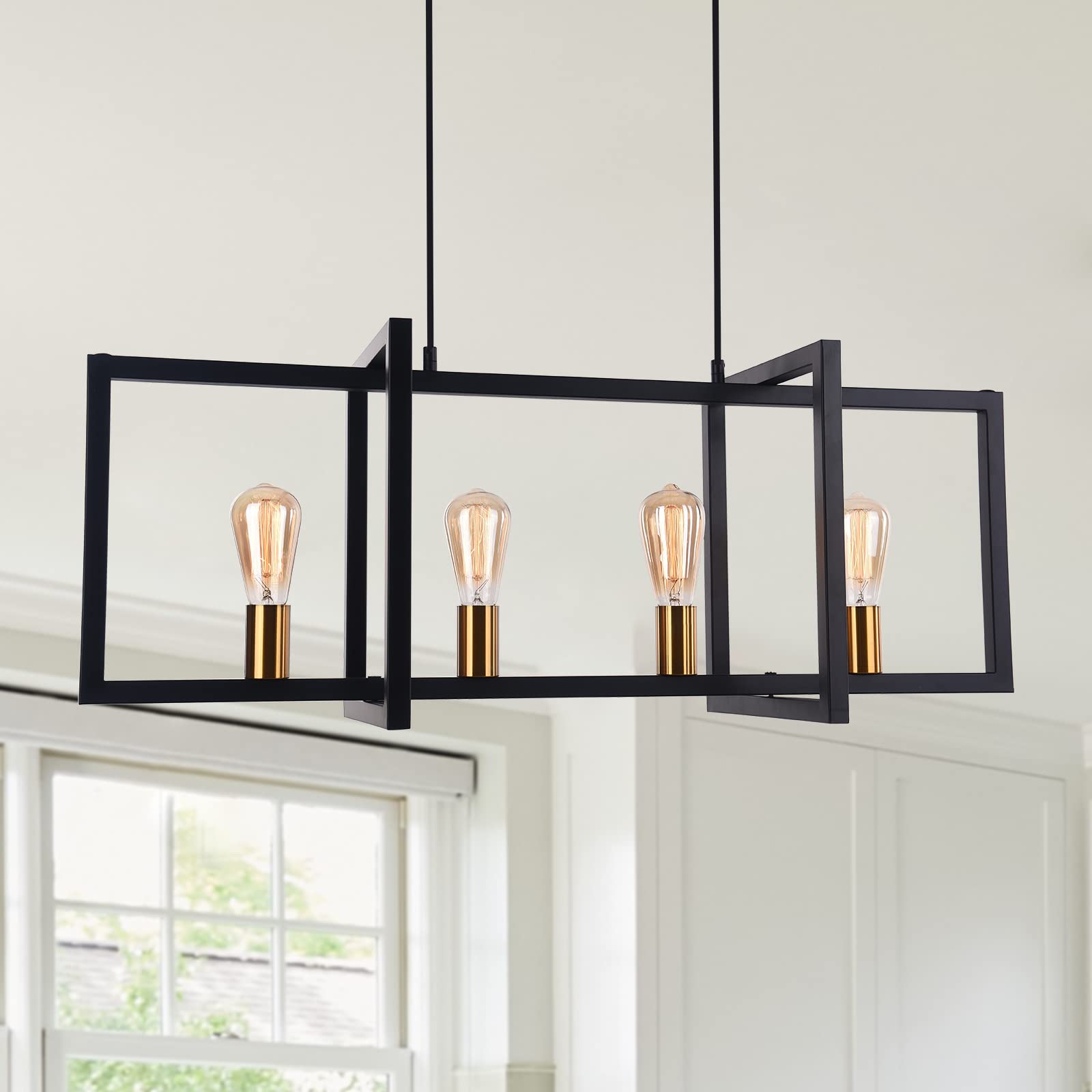 Modern 4-Light Industrial Pendant Lighting Fixture - Antique Brass Finish Linear Hanging Light for Kitchen Island, Dining Room & Bar Counter