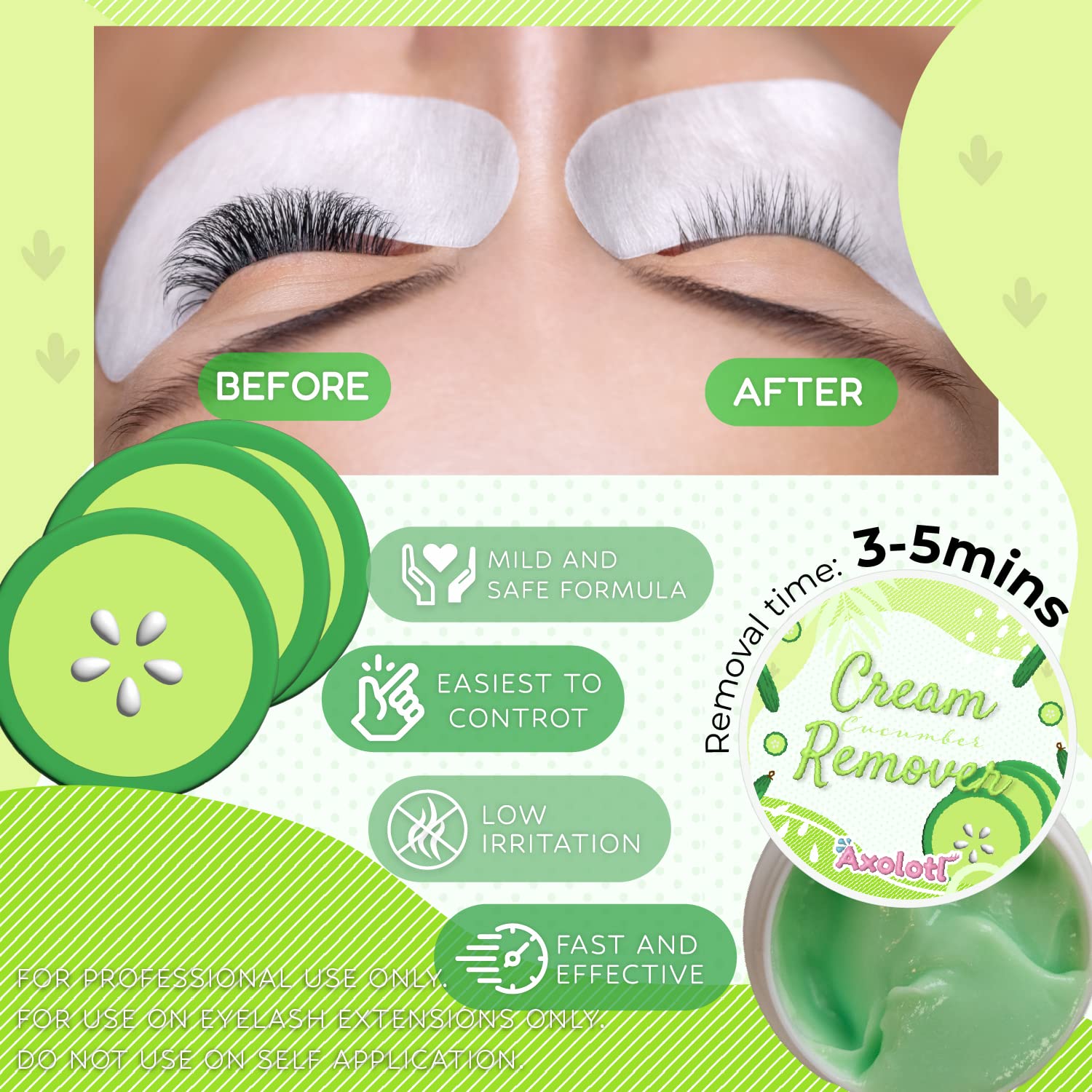 **Axolotl Eyelash Extension Cream Remover 15g (0.51 fl oz) – Gentle & Effective Lash Glue Remover for Sensitive Skin | Low Irritation | Cucumber Scented | Perfect for Salon & Home Use**