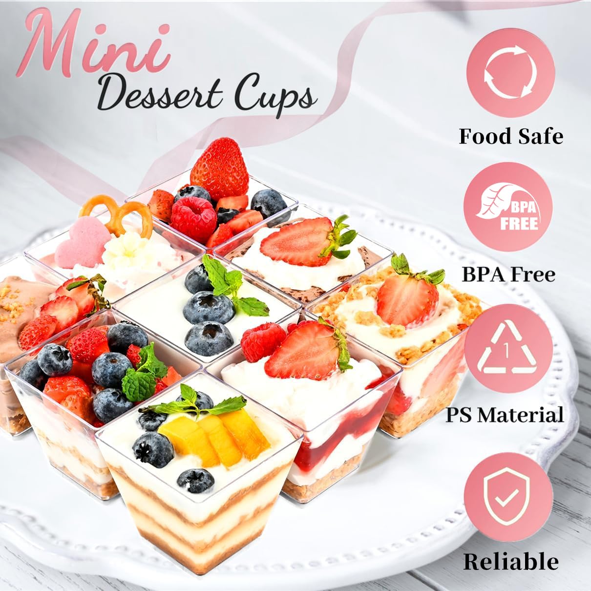 TOFLEN 50 Pack 3.5 oz Plastic Dessert Cups with Spoons - Mini Square Disposable Containers for Yogurt, Parfait, Pudding, Jello, Appetizers & Party Dessert Shooters - Perfect for Catering, Birthday Parties, Baby Showers & Wedding Receptions