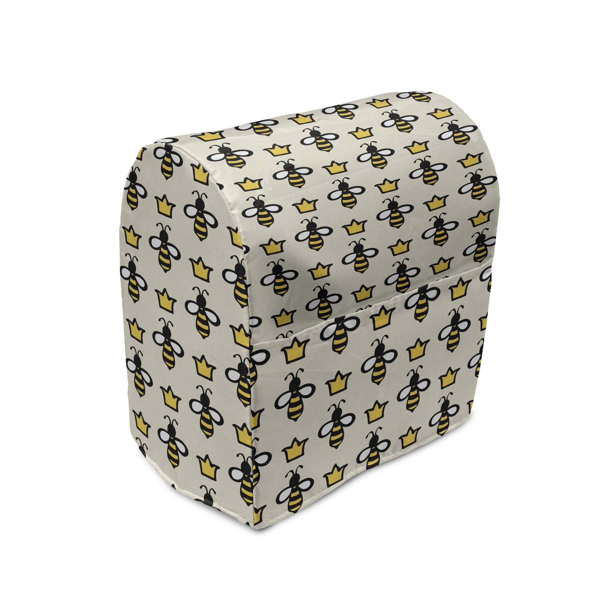 Ambesonne Queen Bee Stand Mixer Cover - Hand-Drawn Cartoon Bees & Crowns Design, 6-8 Quart Kitchen Appliance Organizer with Pocket, Eggshell Mustard - Perfect for Baking & Kitchen Organization
