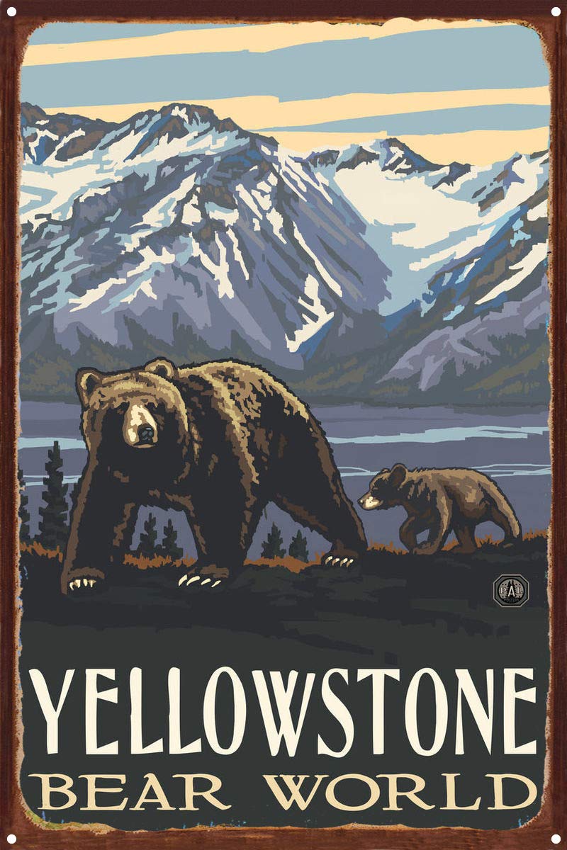 Yellowstone Bear World Grizzly & Cub Rustic Metal Wall Art Print - 11.5x17.5 Inches - Nature Wildlife Decor by Artist Paul A. Lanquist - Perfect for Cabin, Lodge & Western Home Decor